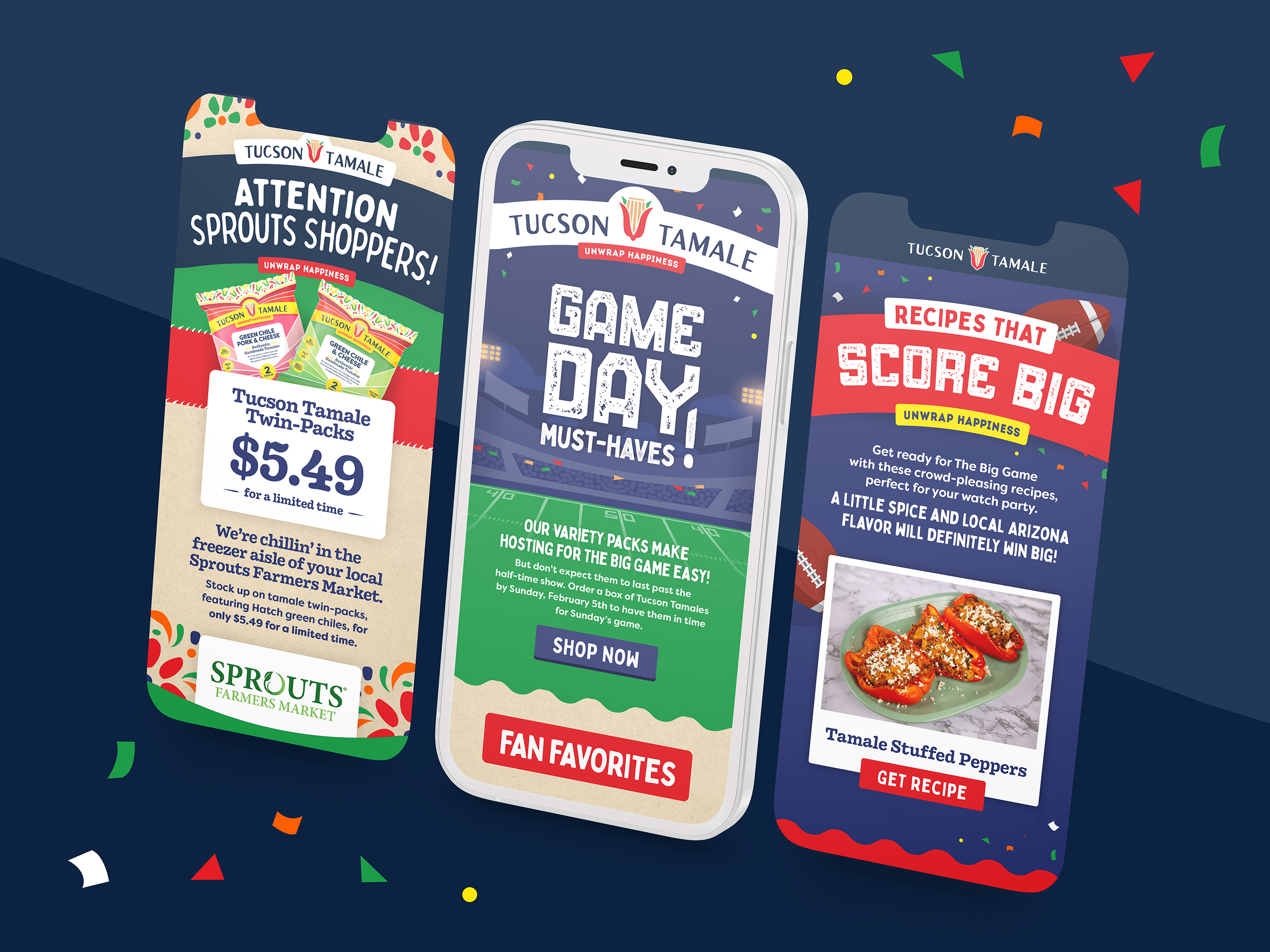 Promotional email design series for Tamale Season football events, e-commerce newsletter layouts for CPG food brand game day promotions and retail activations