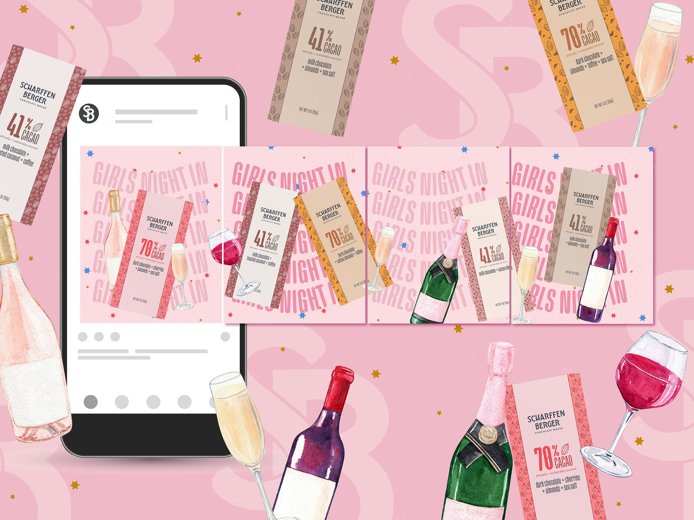 Social media carousel design for CPG brand TCHO featuring wine and chocolate pairings, digital marketing asset for retail promotions and brand awareness campaigns