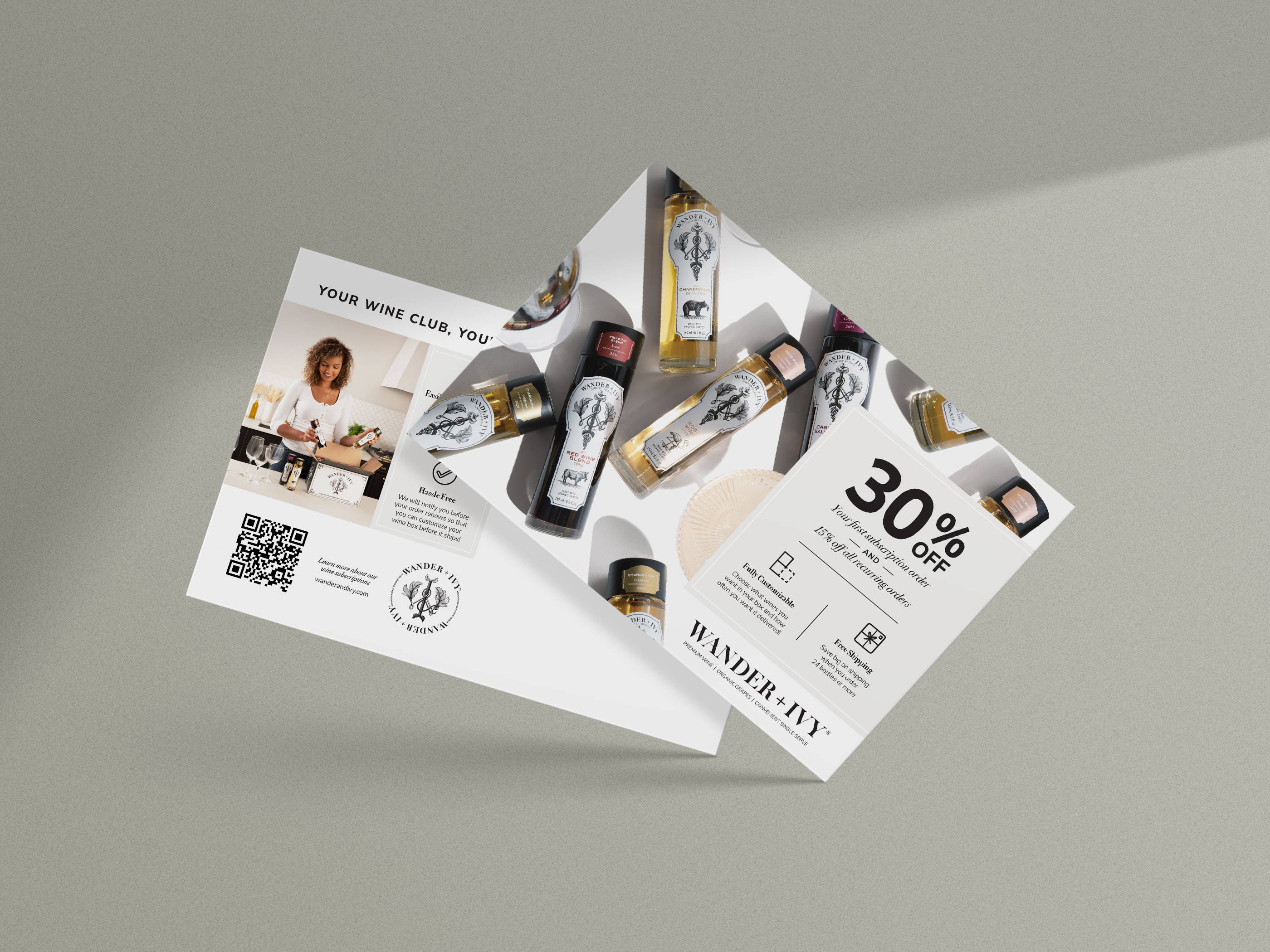 Postcard design and print marketing asset for Wine Club featuring abstract wine imagery bold typography and QR code for subscription drive used in event marketing and retail promotions