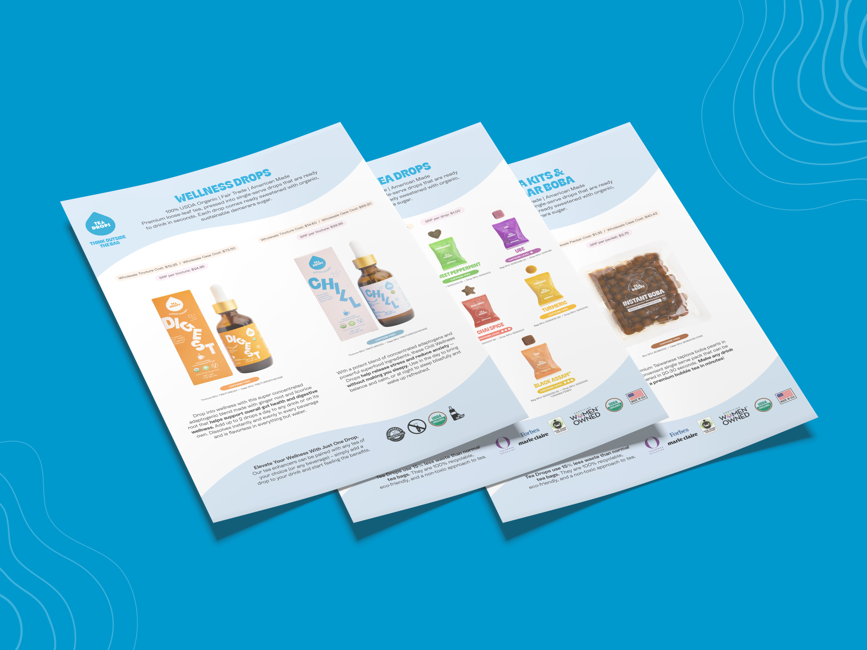 Sell sheet design for Tea Wellness organic tea drops, trade marketing asset used for retail promotions and events