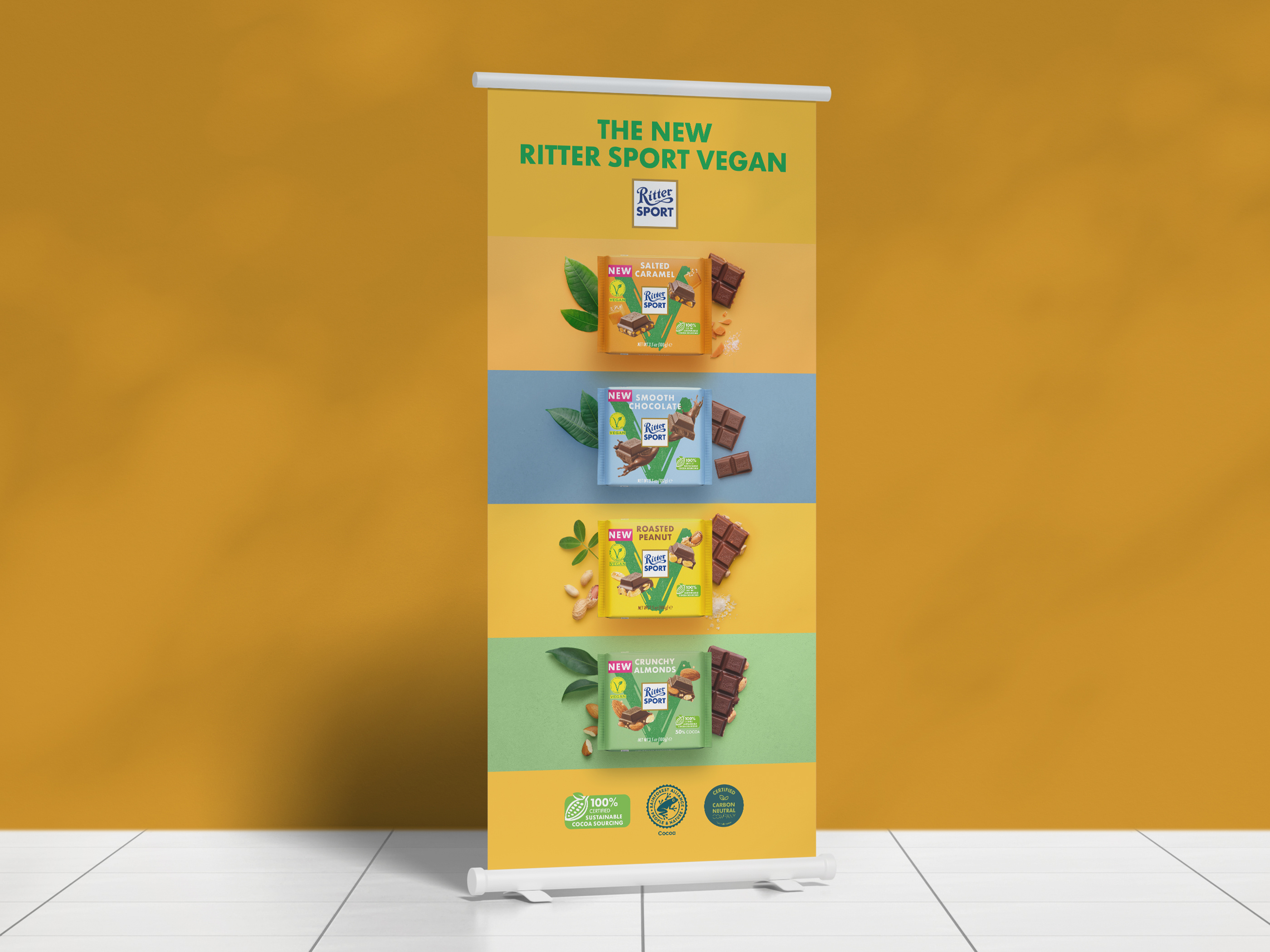 Retractable pop-up banner design for CPG snack brand CHOC, vertical trade show graphic optimized for events and retail promotions highlighting vegan and gluten free chocolate attributes
