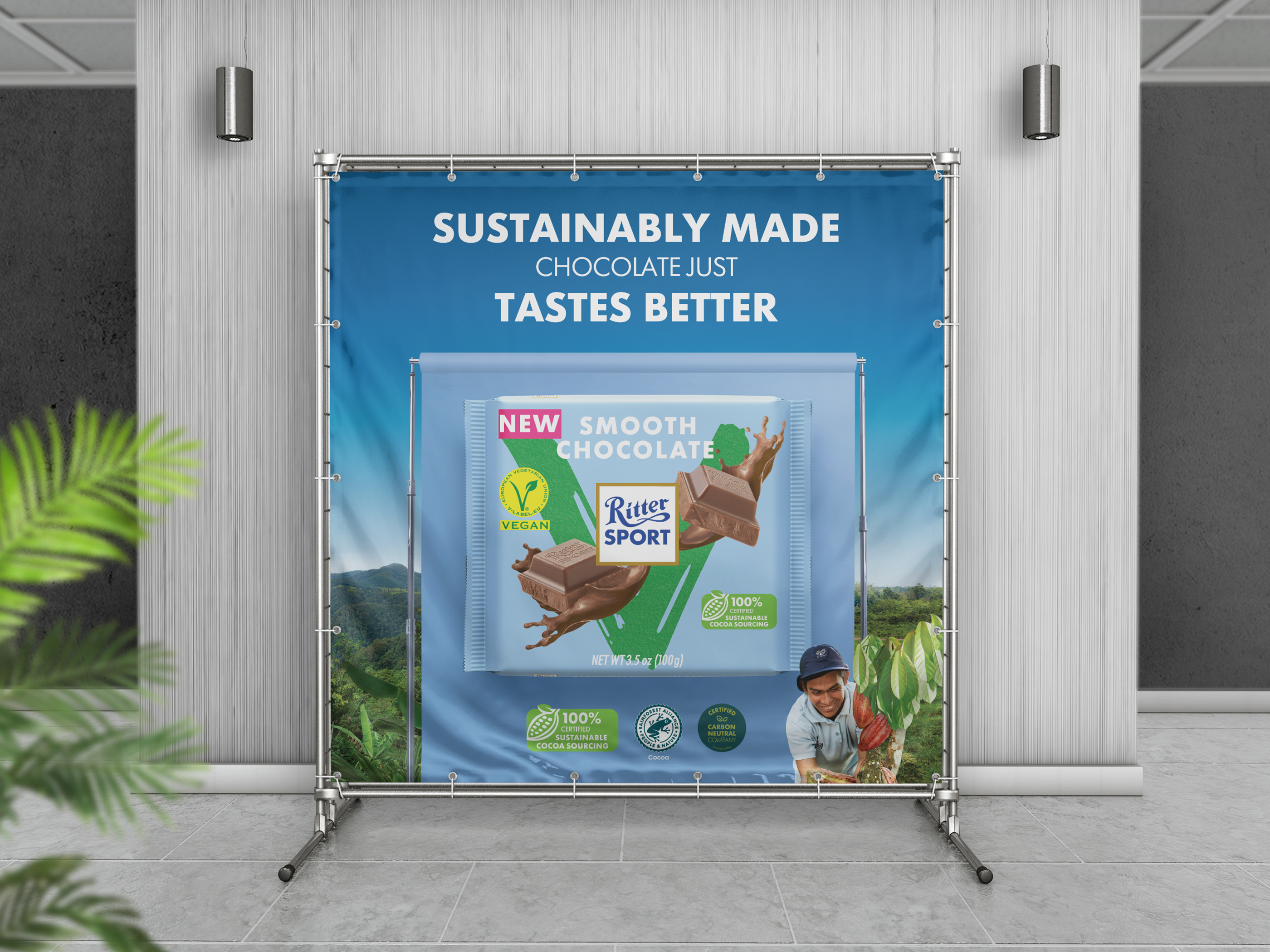 Retractable pop-up banner design for CPG snack brand Mellow used in trade show graphics and retail display promotions