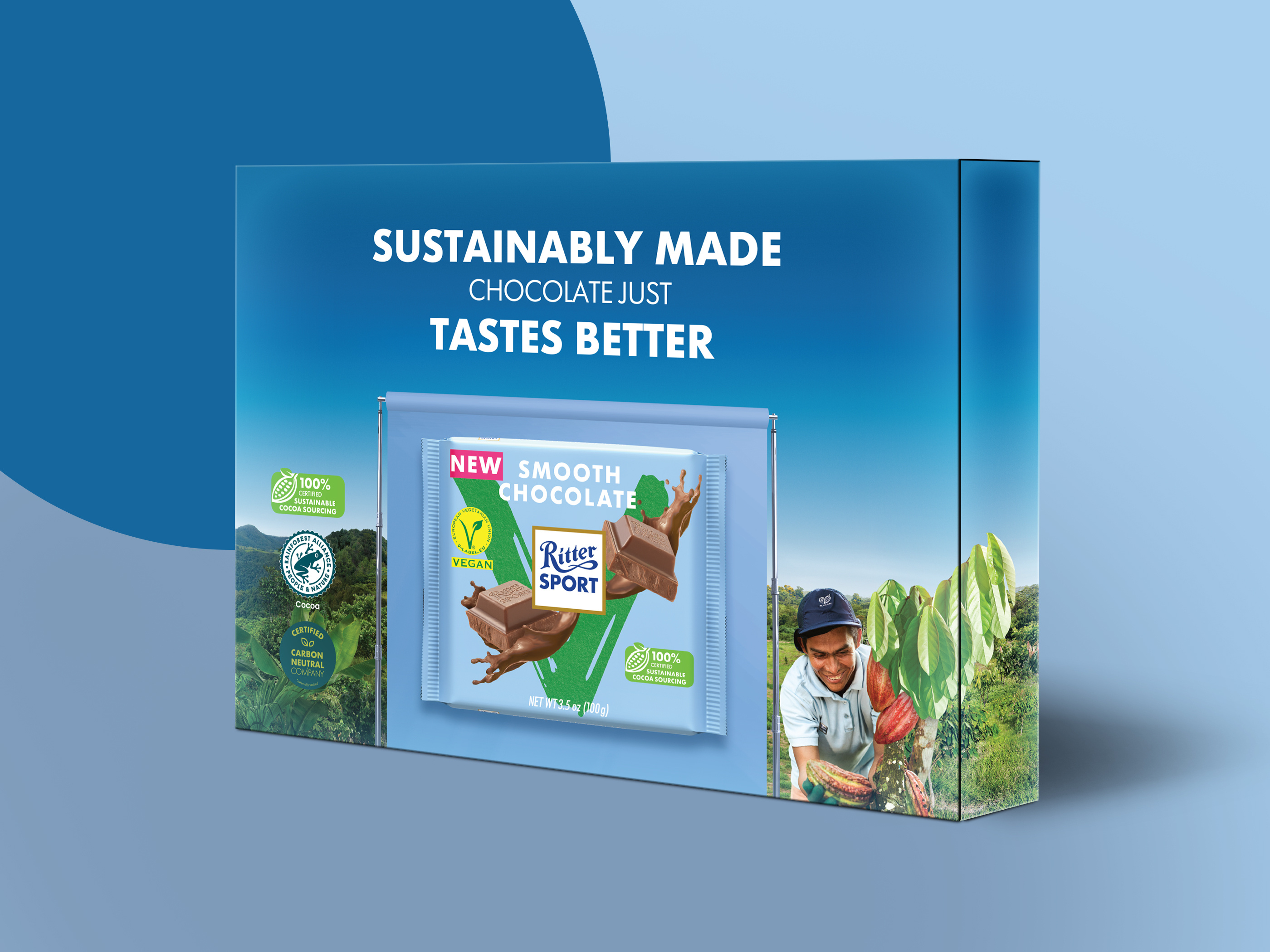 Trade show display design and large-format event graphics for CPG brand Tony's Chocolonely, backlit expo wall used in experiential marketing and brand activations