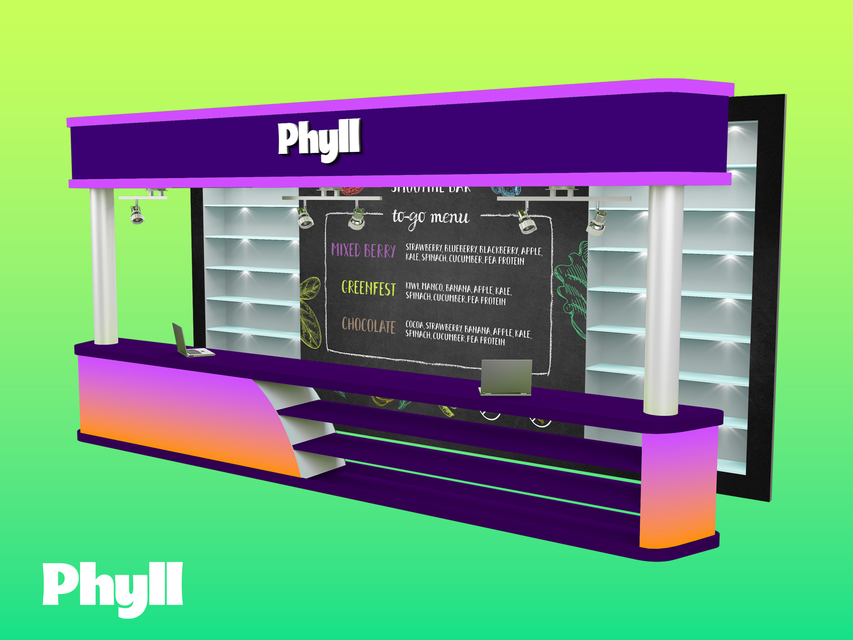 Trade show booth design for Smoothie brand expo display with backdrop counter and banner featuring fresh fruit visuals and healthy messaging for events and retail activations