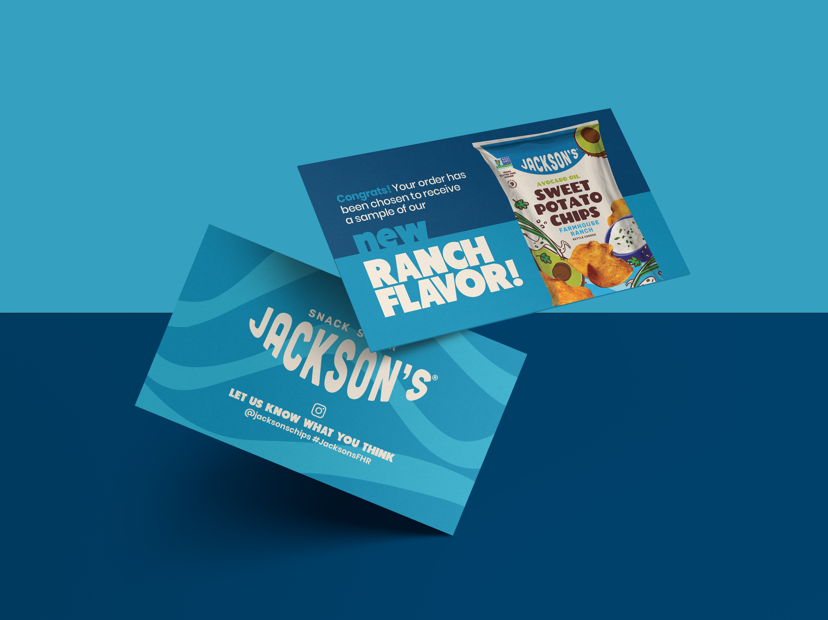 Promotional print design for CPG snack brand order card, trade show marketing asset with QR code for easy ordering at events and retail activations