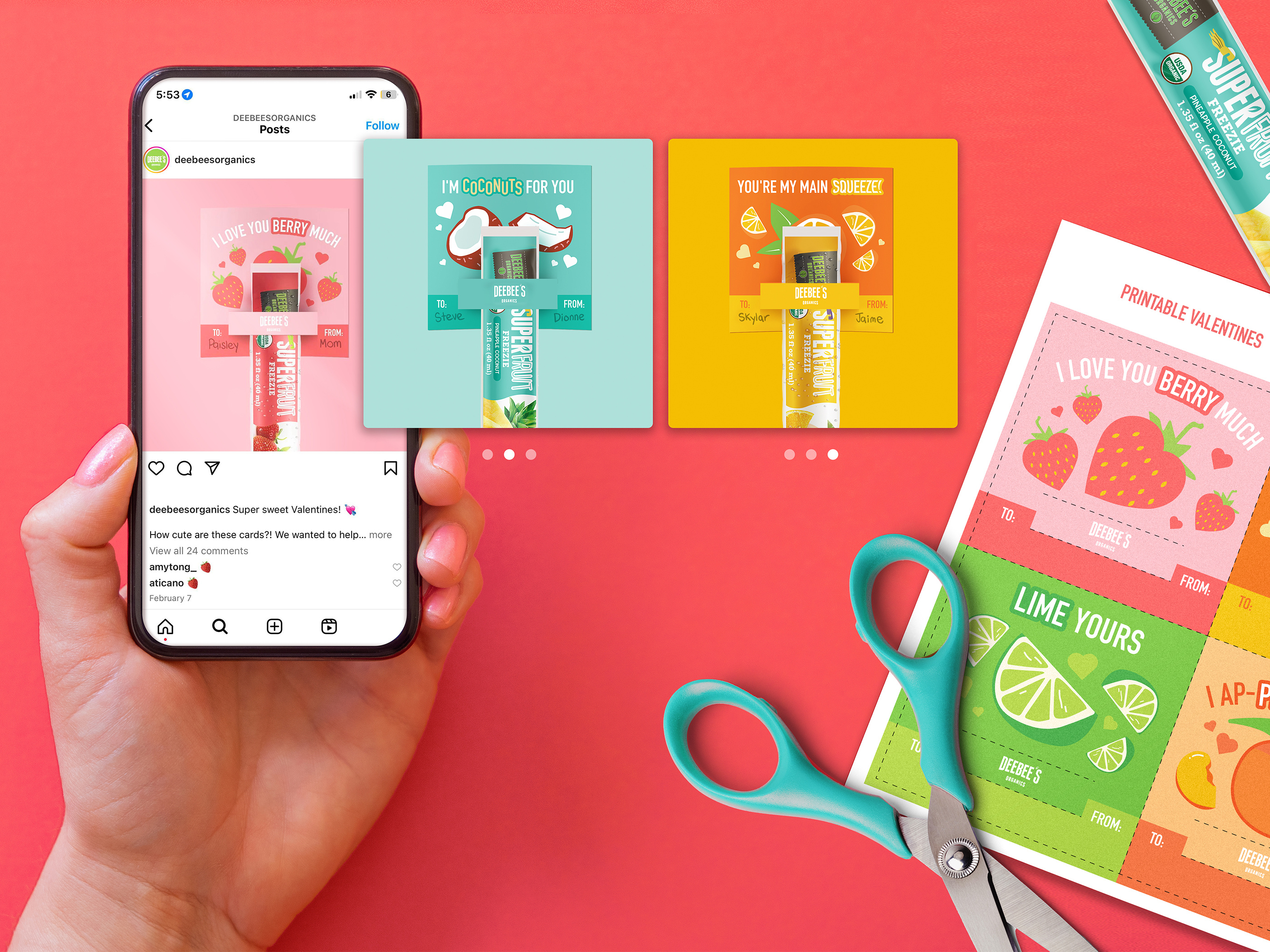 Printable promotional card design for CPG snacks, event marketing collateral with food puns and illustrations for Valentine's Day retail activations and trade show handouts