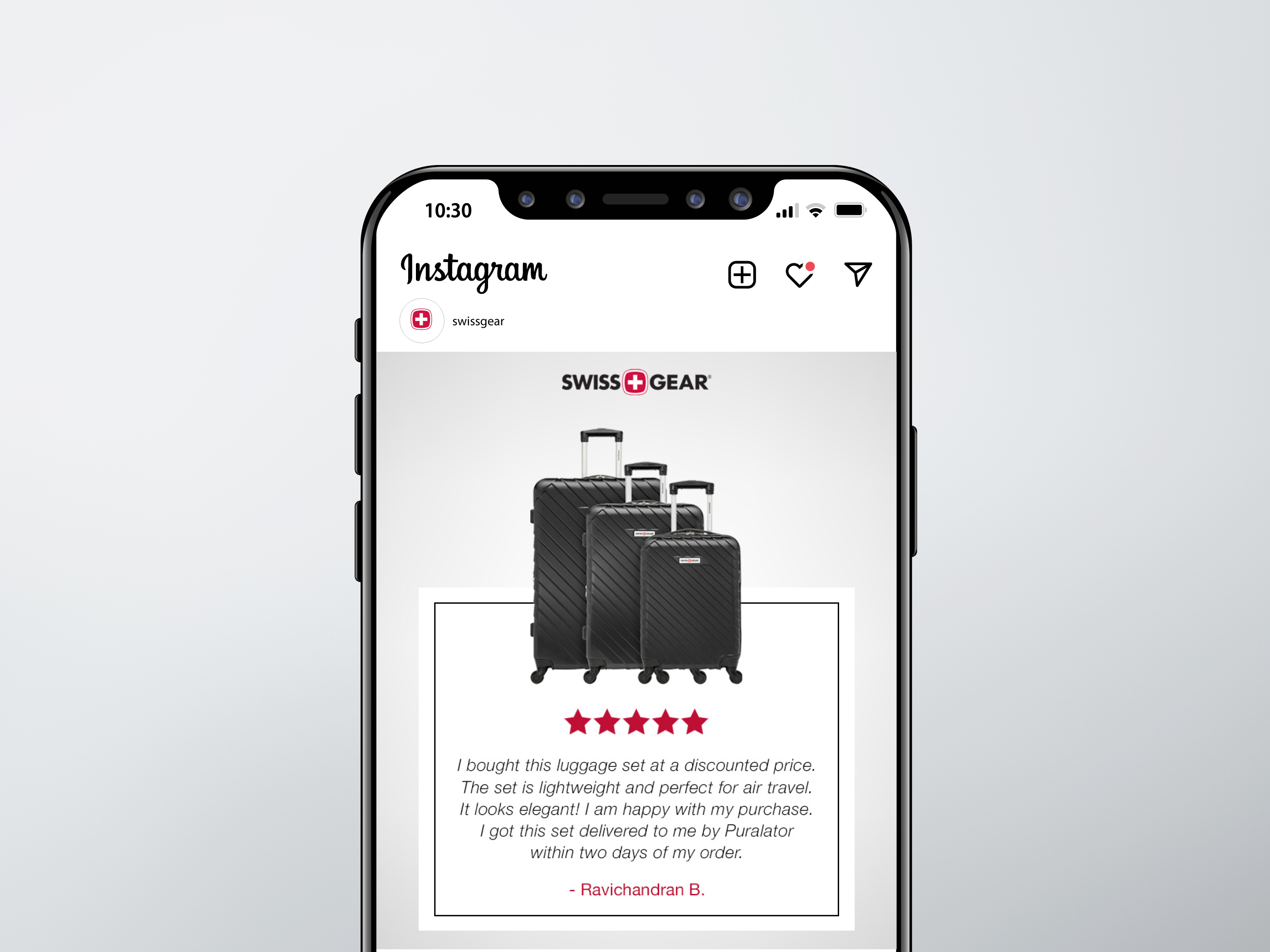 Social media design for DTC luggage brand, customer review graphic optimized for digital marketing and brand storytelling