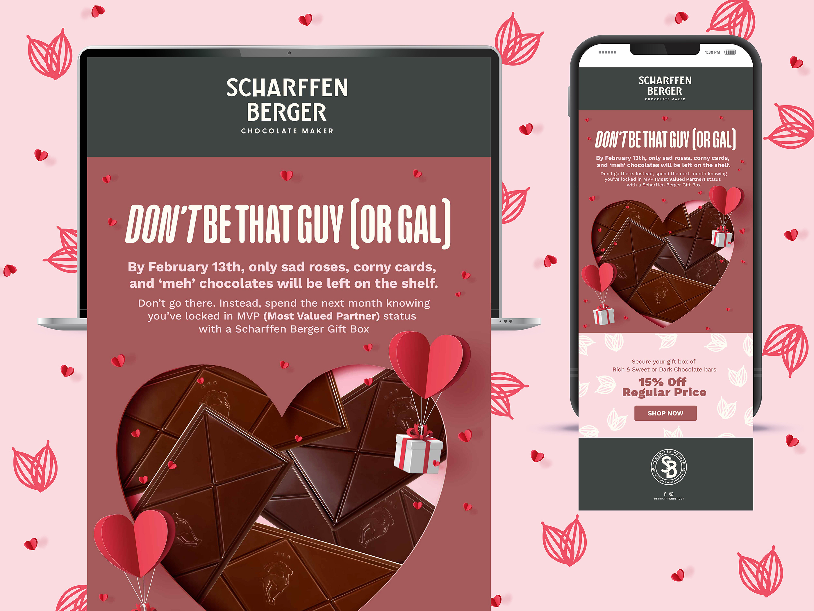Email design for Valentine's Day chocolate pieces campaign, e-commerce marketing layout for CPG snack brand seasonal promotion and retail activation