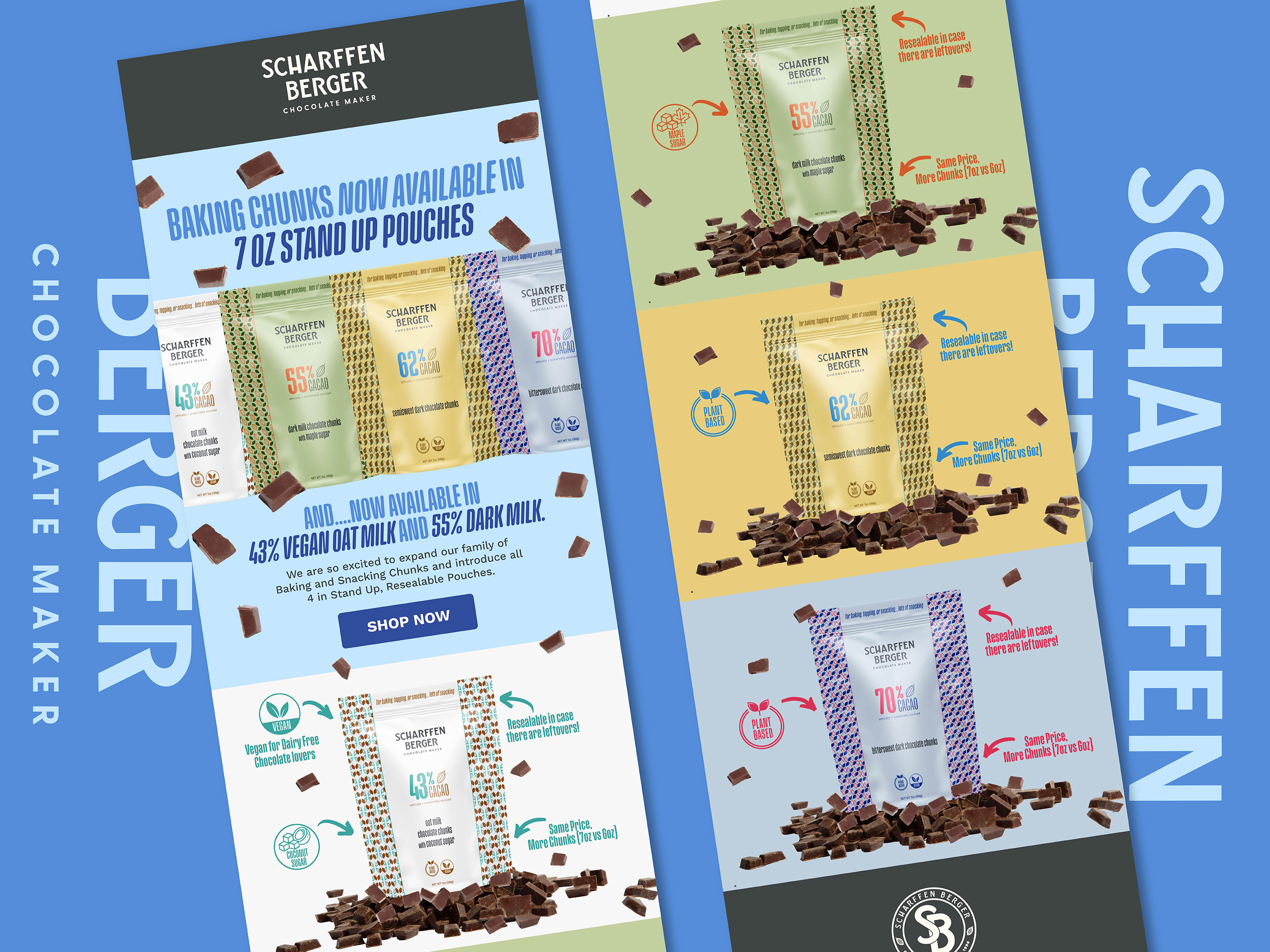 Email newsletter design for Chocolate Pieces CPG snack brand featuring artisanal chocolate photography brand storytelling and e-commerce calls to action for digital marketing campaigns