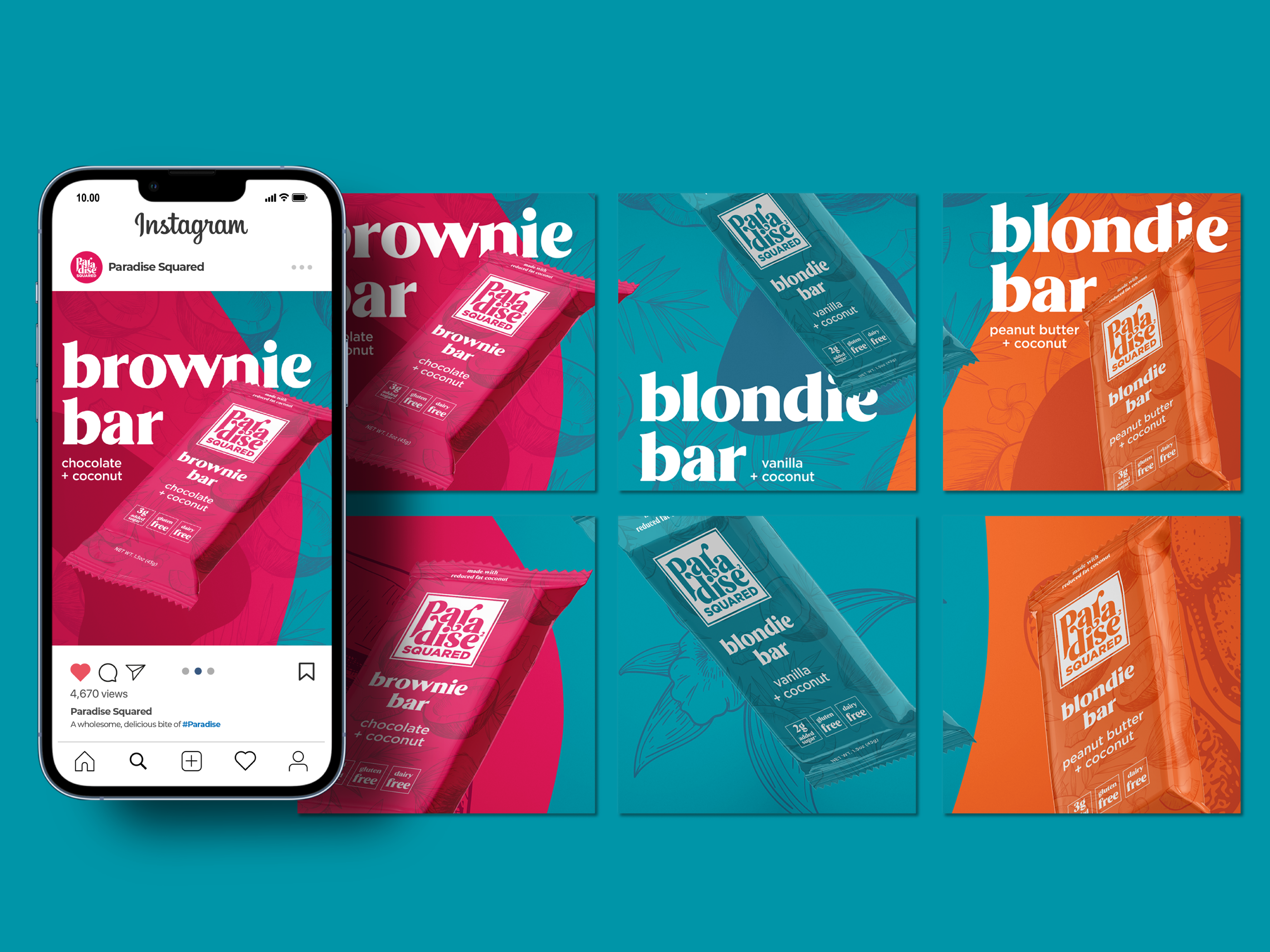 Social media design and digital marketing assets for CPG snack brand Huel, promotional graphics for Fudgy Brownie protein bar launch highlighting key nutritional benefits and call to action