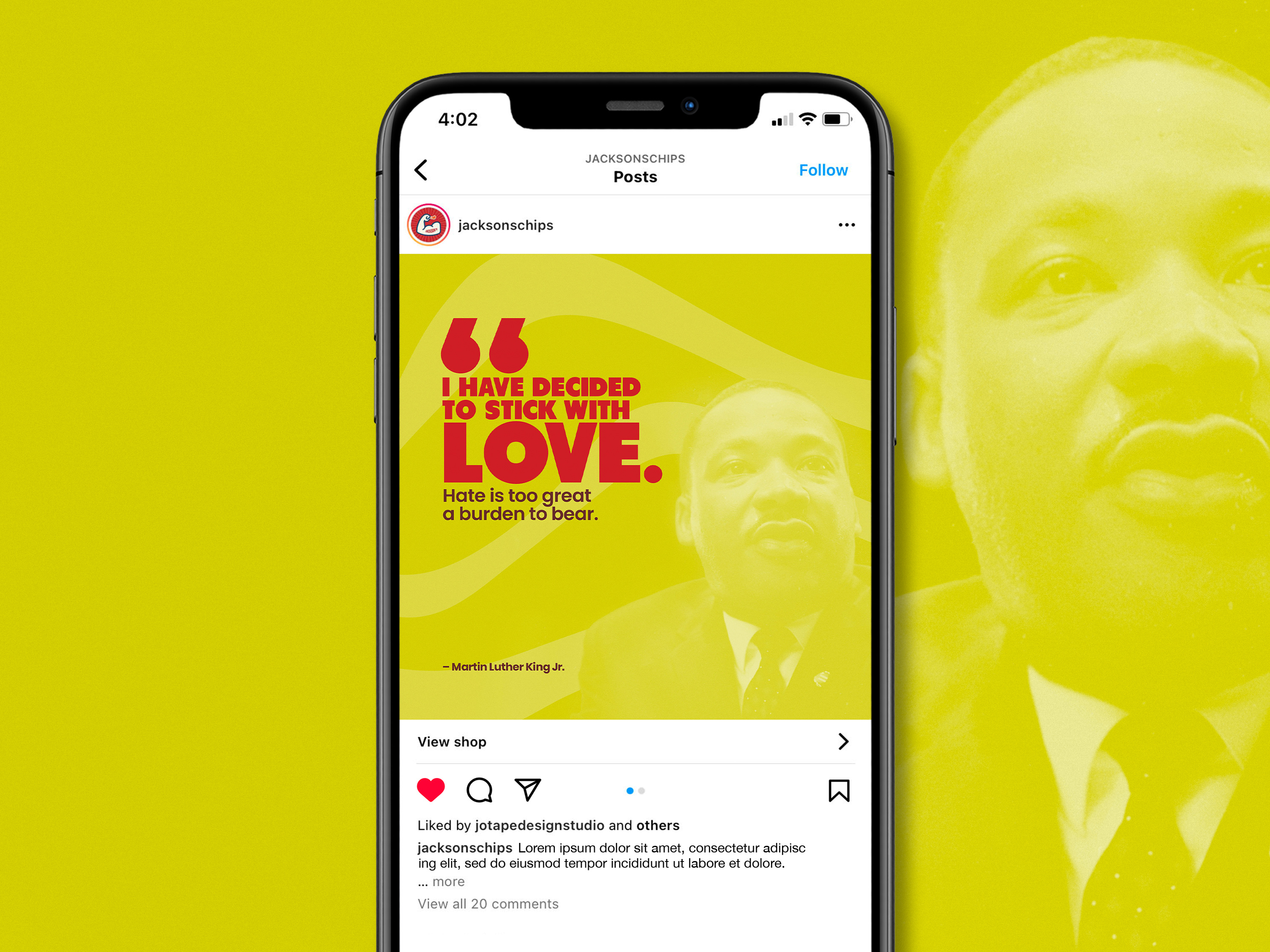 Social media design for MLK Day featuring a quote about love and hate, digital marketing graphic for brand messaging and engagement