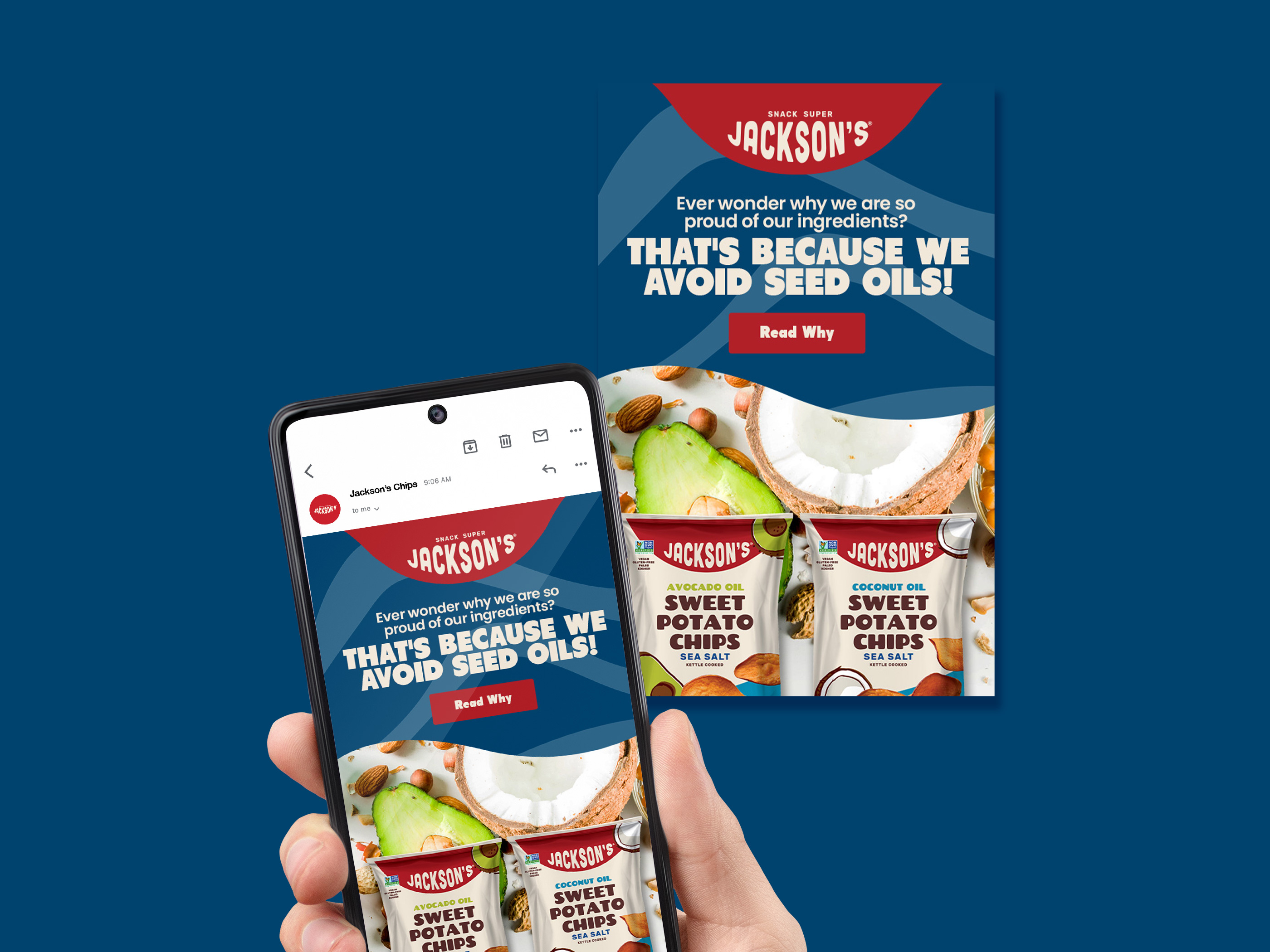 Email design and infographic layout for CPG snack brand Jackson's, educational content marketing comparing healthy and unhealthy oils for consumer awareness campaigns