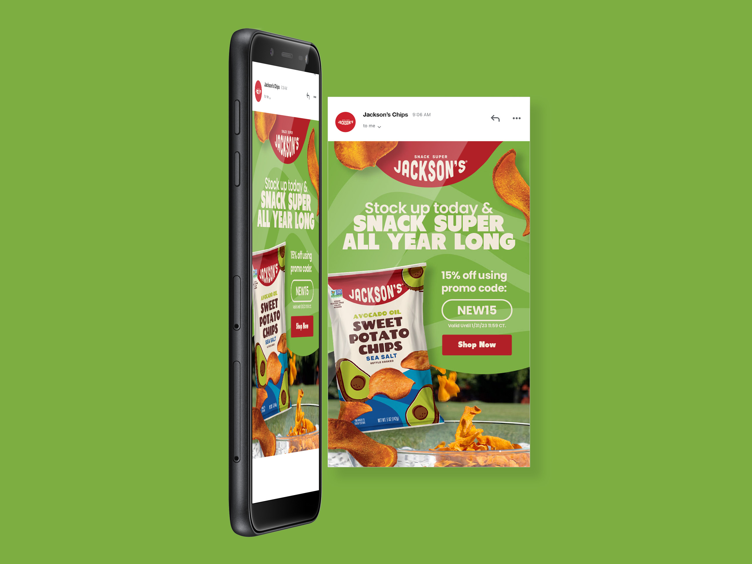 Email design for CPG snack brand Crunchy, New Year sale newsletter layout optimized for e-commerce promotions and product discovery