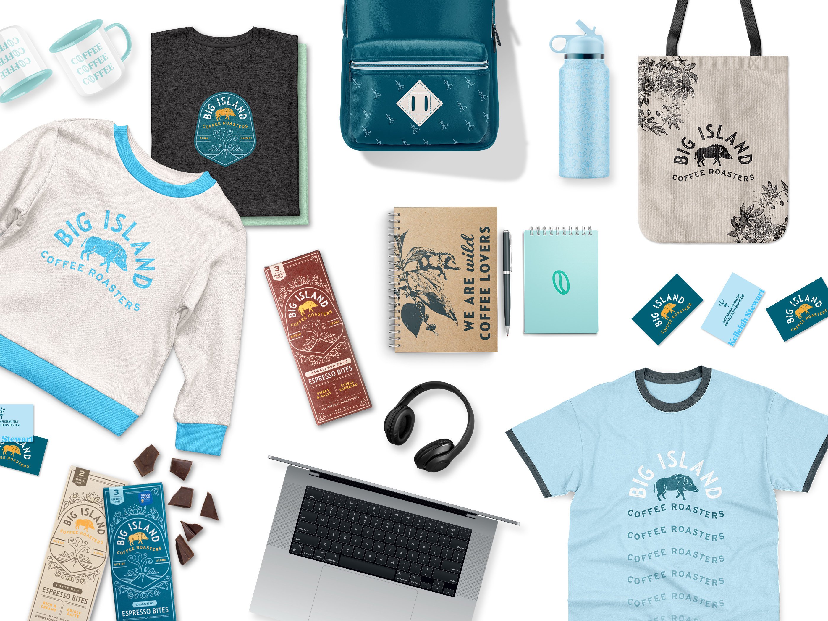 Branded merchandise design and swag pack collection, custom apparel tote bags and drinkware for event marketing and trade show giveaways