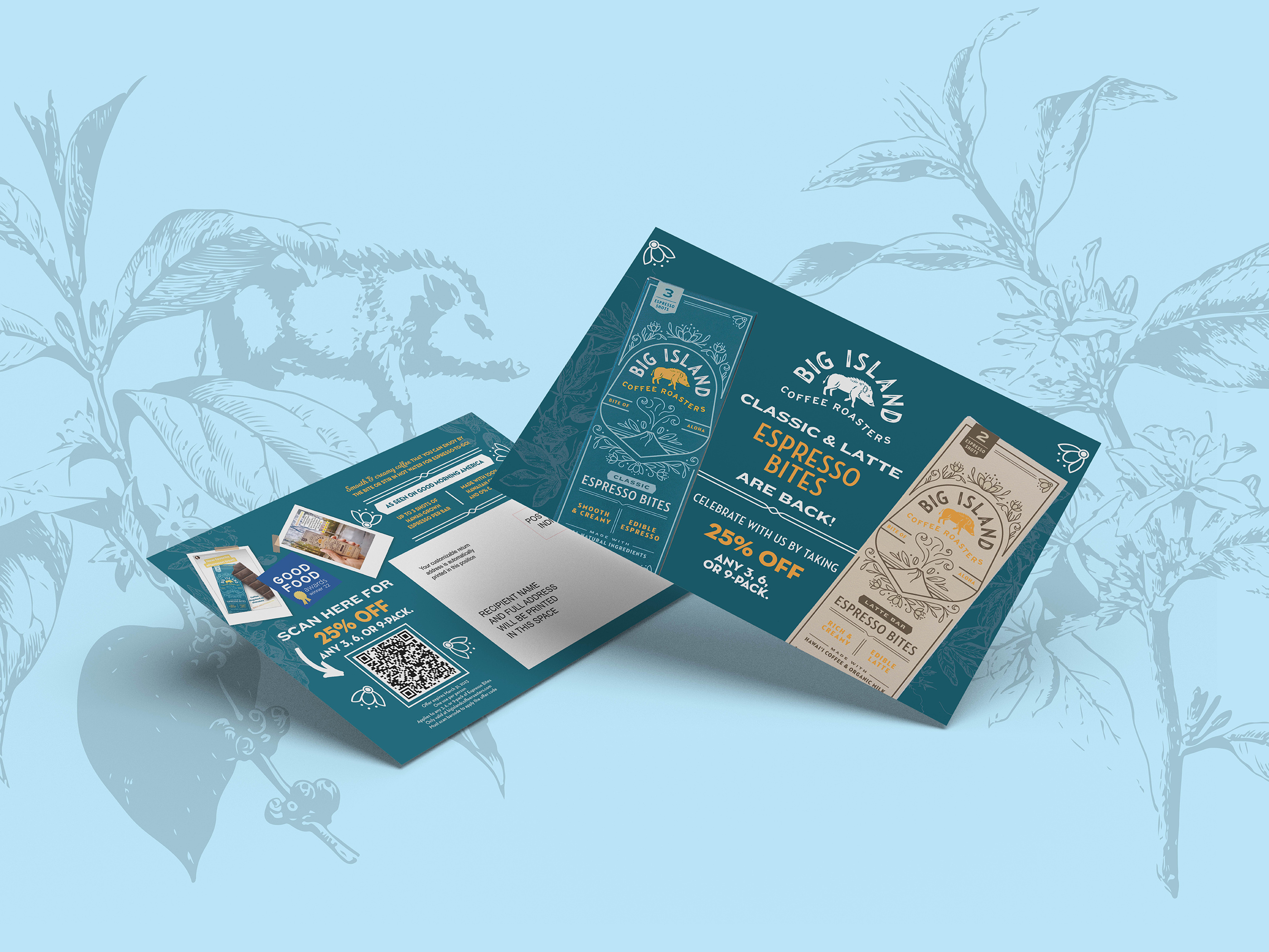 Postcard design for Pocket Latte Espresso Bites print marketing asset used for trade shows events and retail promotions featuring product photography and brand messaging