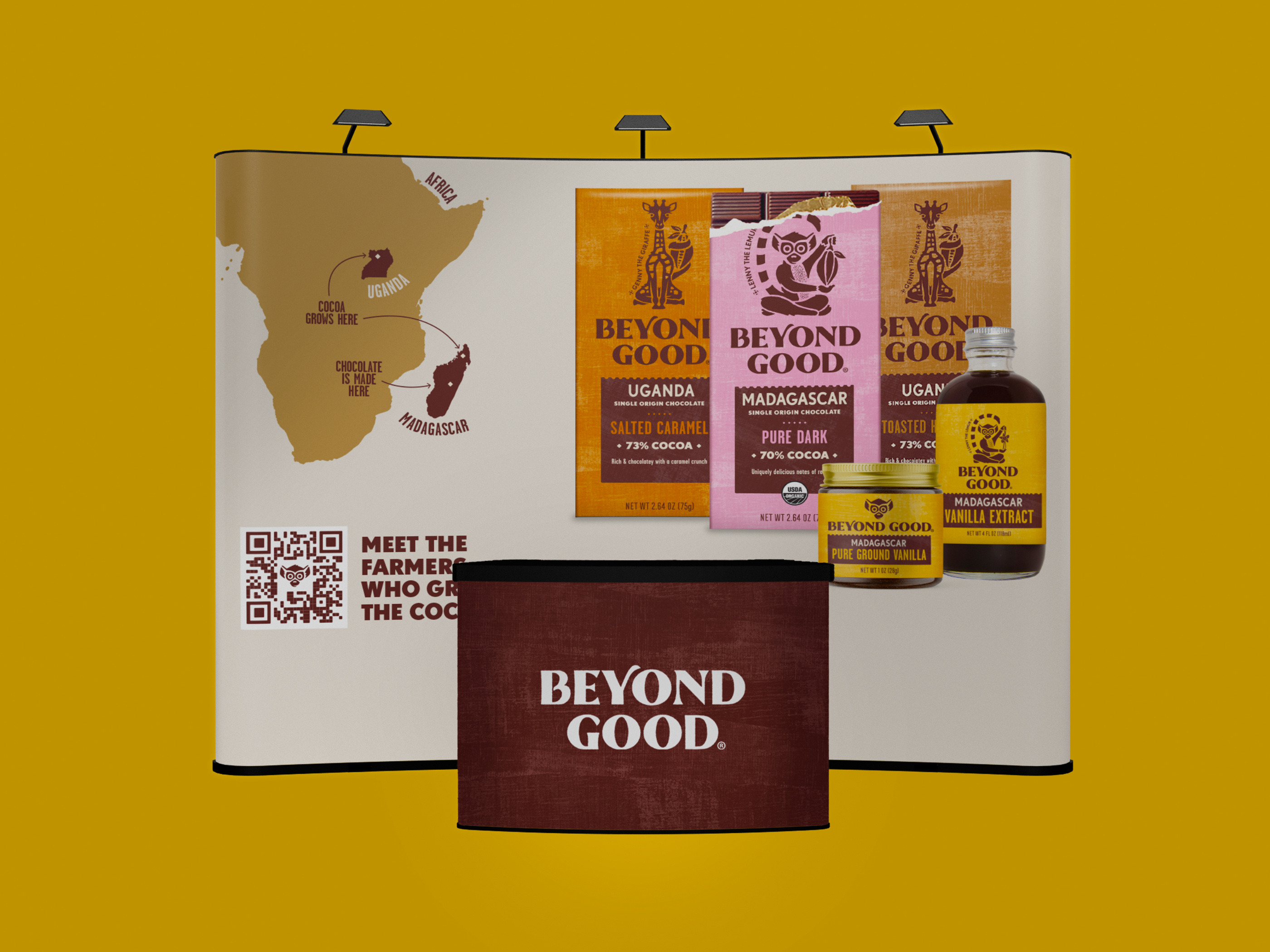 Trade show booth design and exhibition stand layout for a CPG chocolate brand optimized for events and retail promotions featuring large format graphics and product sampling areas