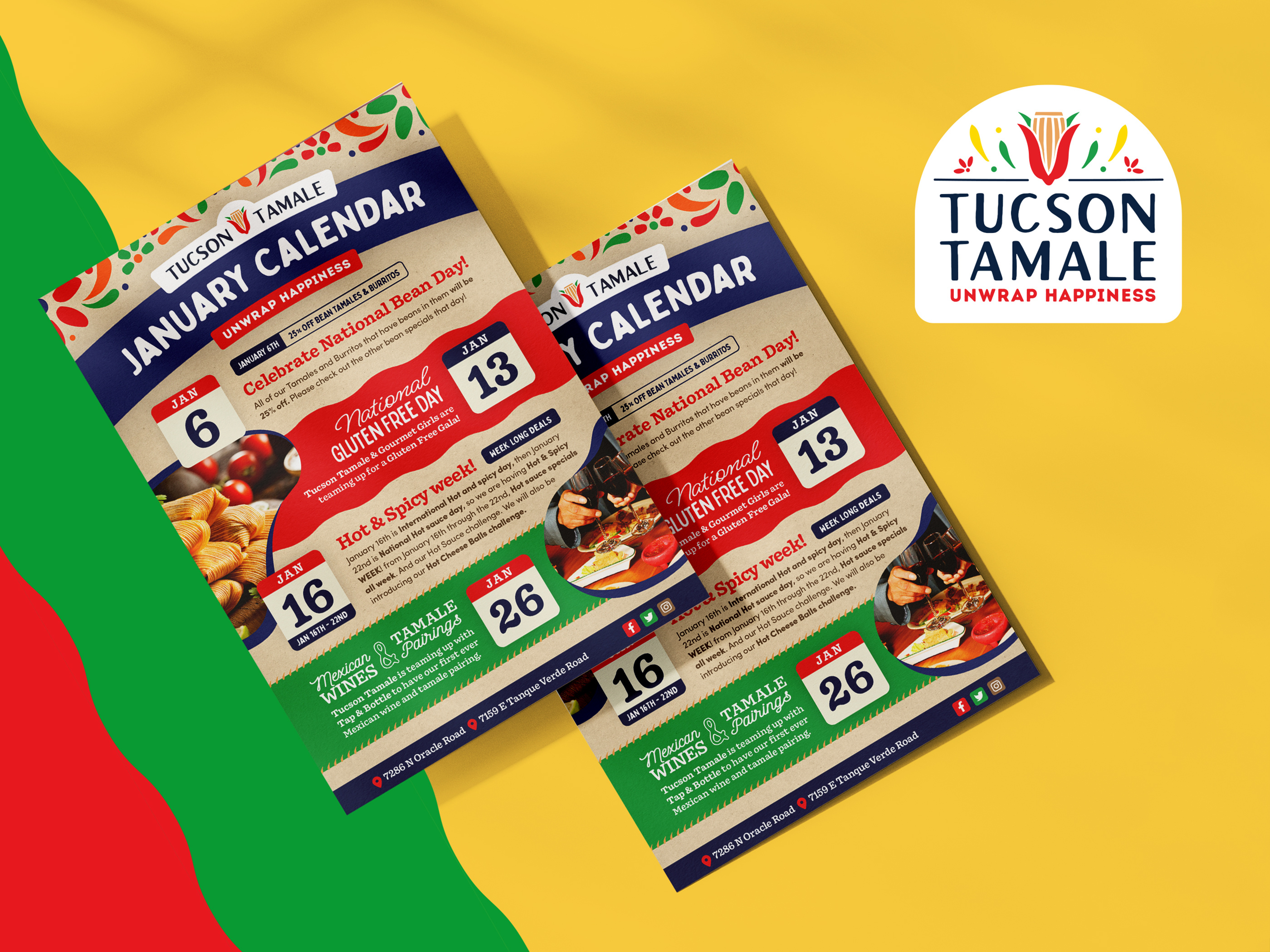 Event marketing flyer design for tamale brand pop-up events, promotional print with calendar dates for December trade shows and retail activations