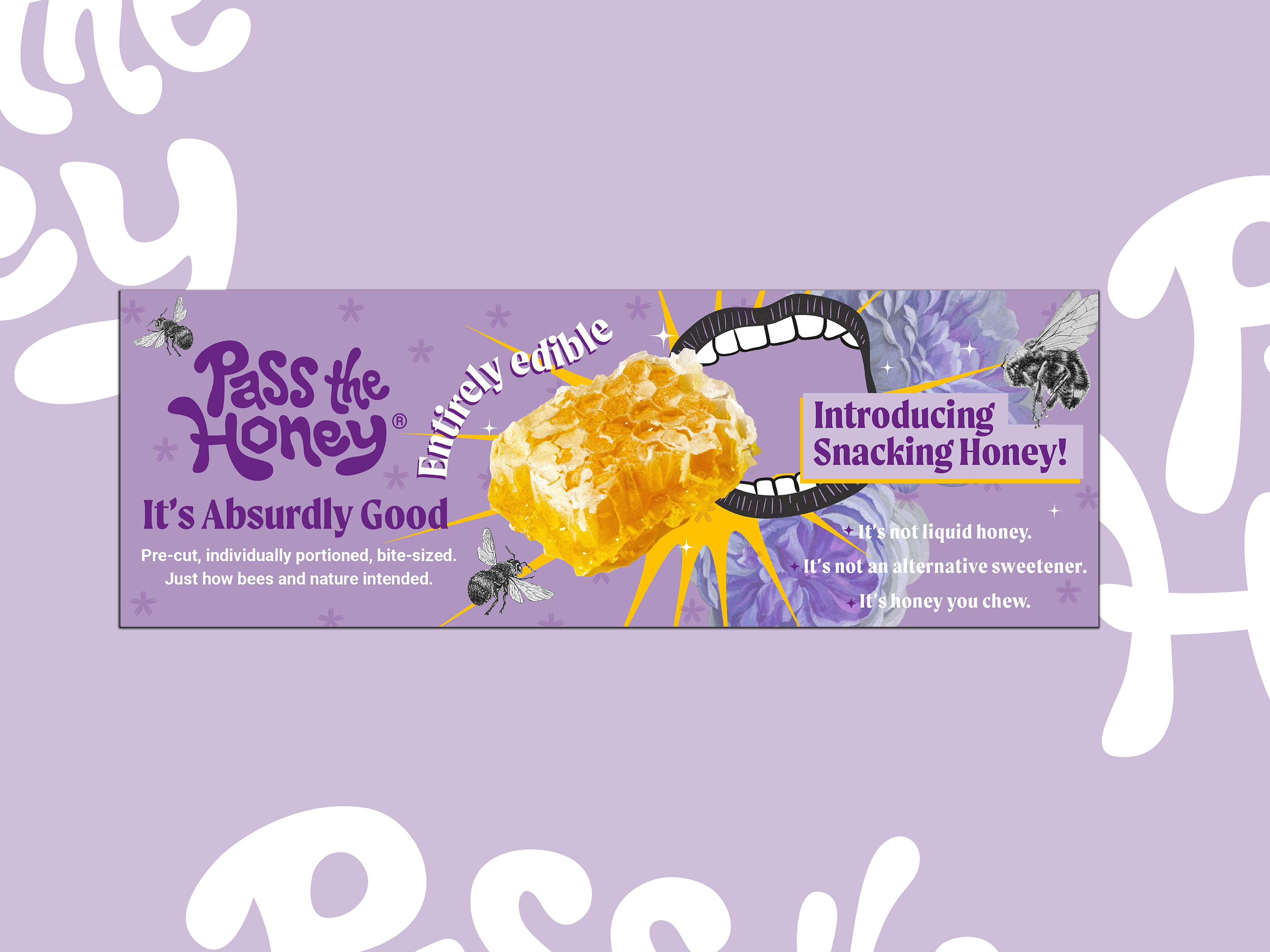 Large format banner design for CPG brand Bee Well Honey trade show graphic and event marketing signage with illustrative product imagery