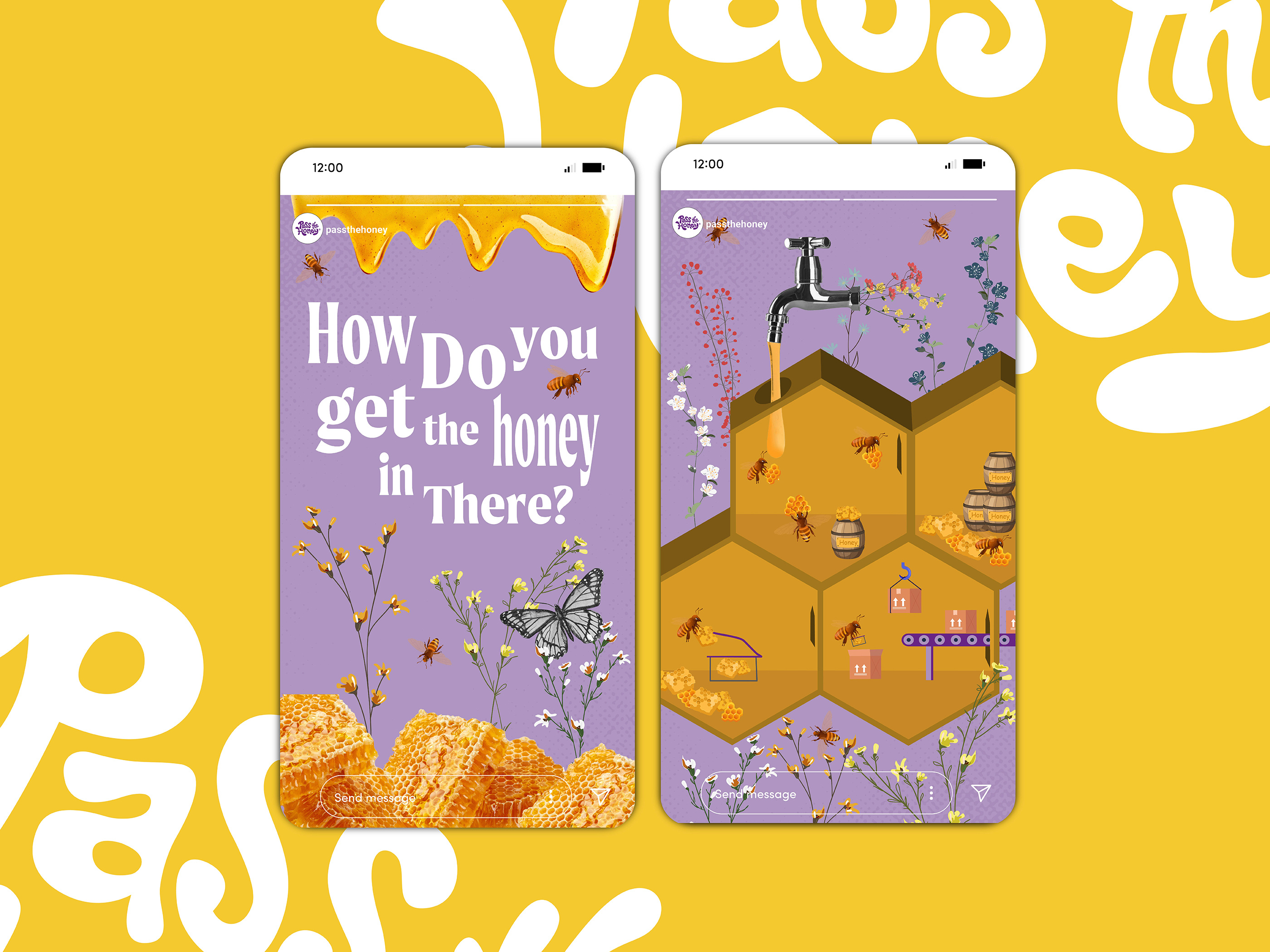 Social media design for organic honey brand featuring illustrative product graphics and natural elements for digital marketing campaigns and brand storytelling