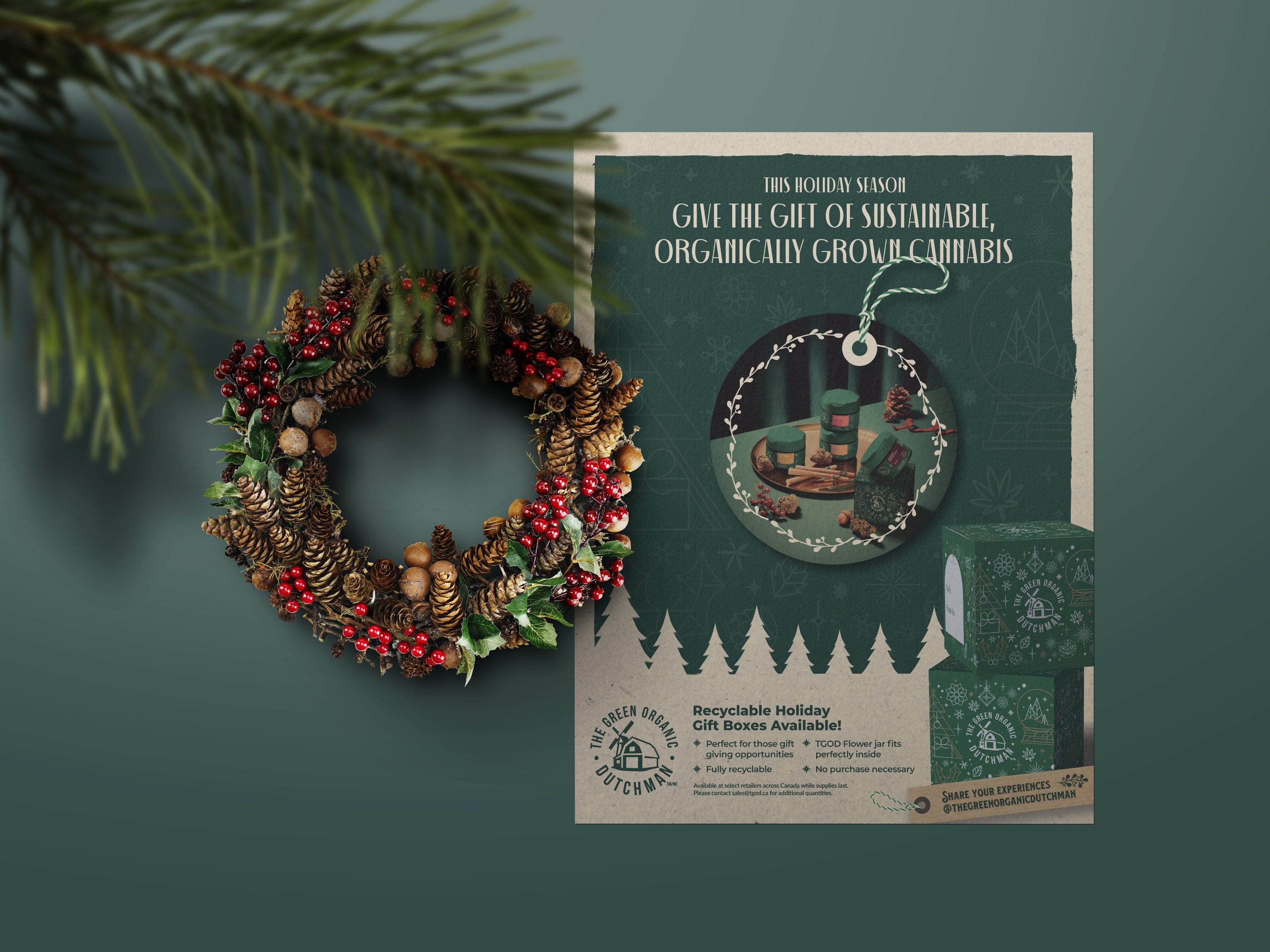 Poster design and print advertising for cannabis holiday promotion featuring retro illustration for retail signage and trade show displays