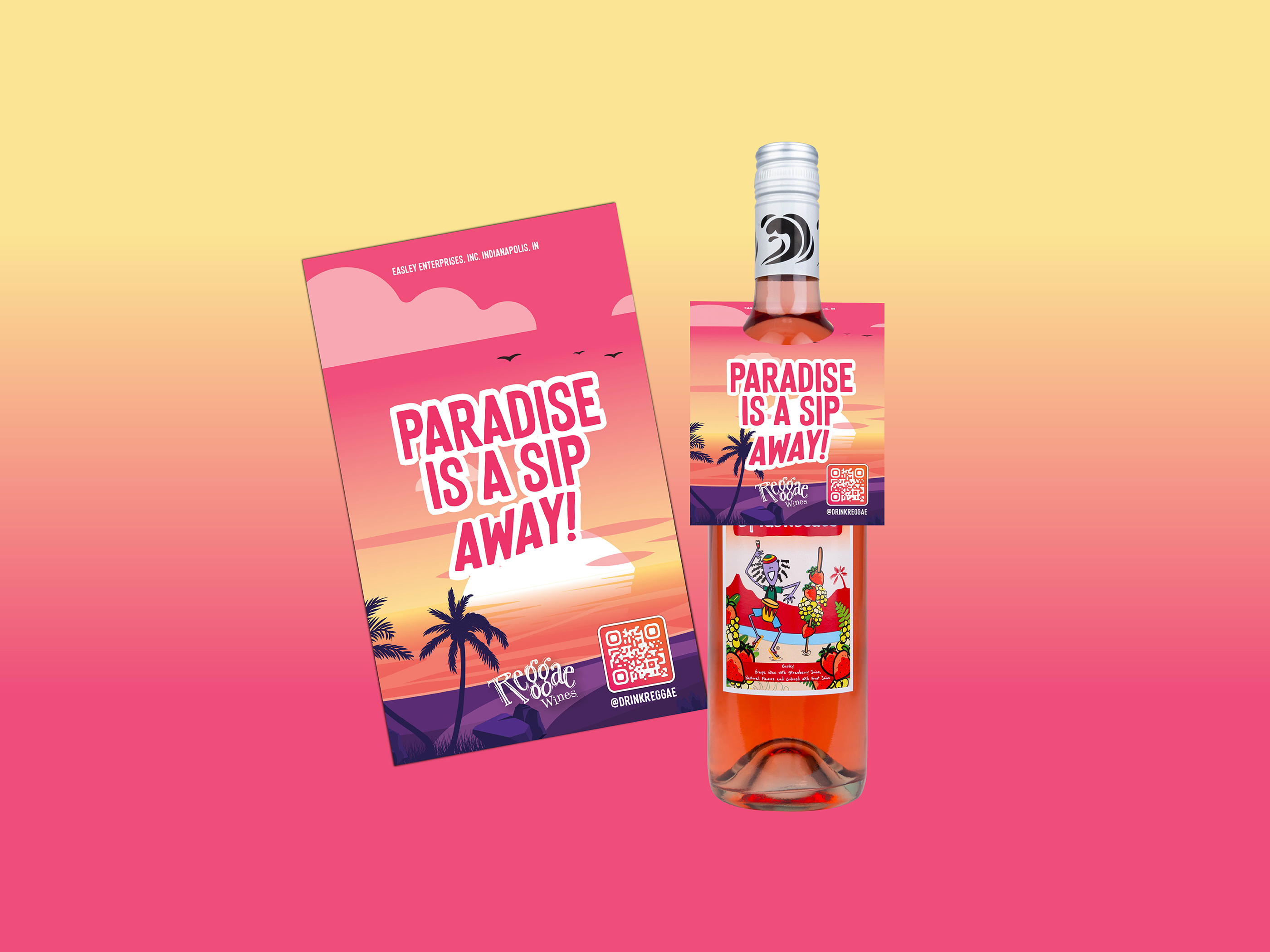 Bottle neck tag design for rosé wine, illustrative retail hang tag used for beverage marketing and point-of-sale promotions at events and trade shows