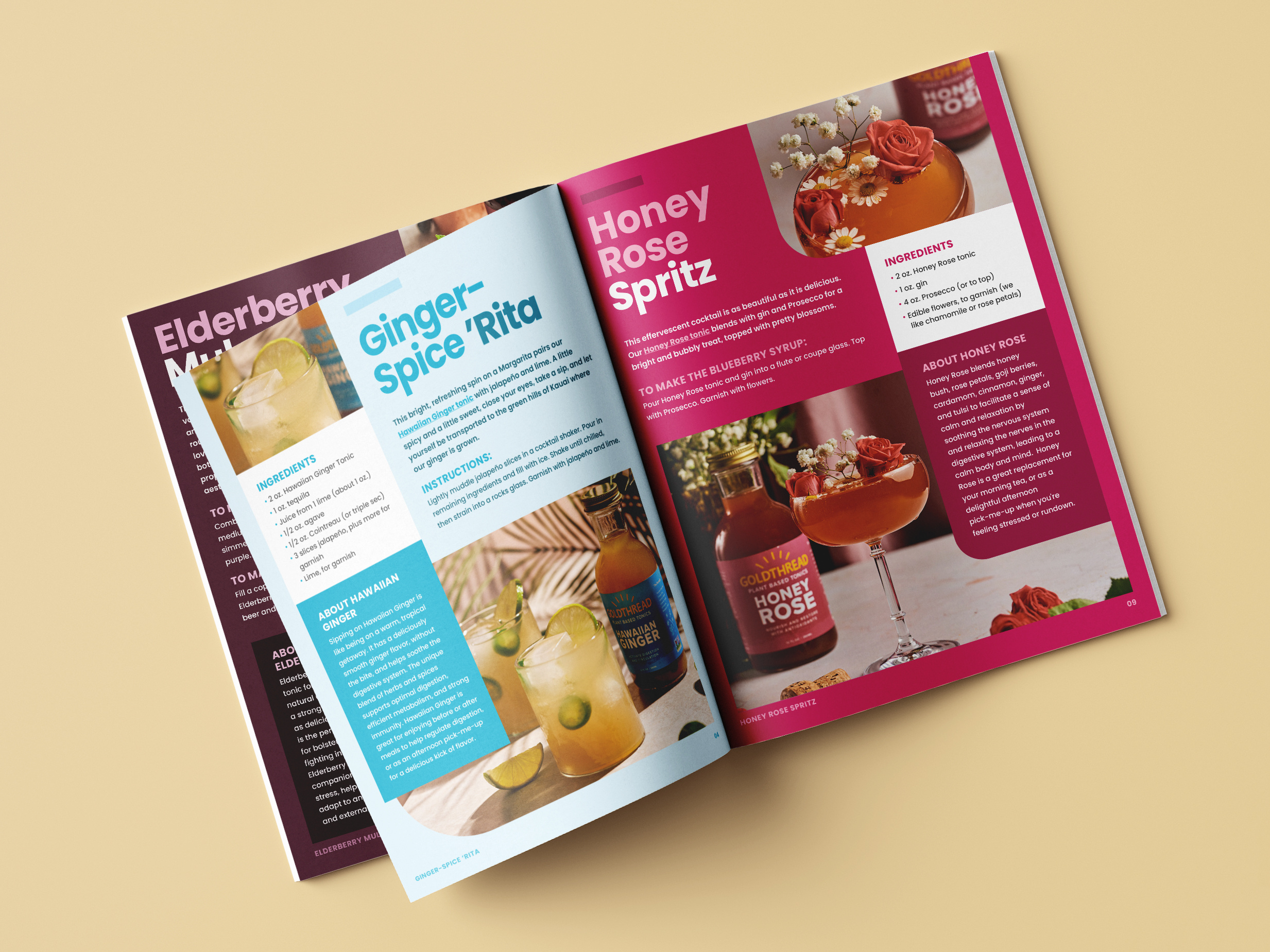 Promotional recipe book design and print layout for beverage trade marketing, editorial spread featuring Earl Grey and Gin cocktail recipe for events and retail activations