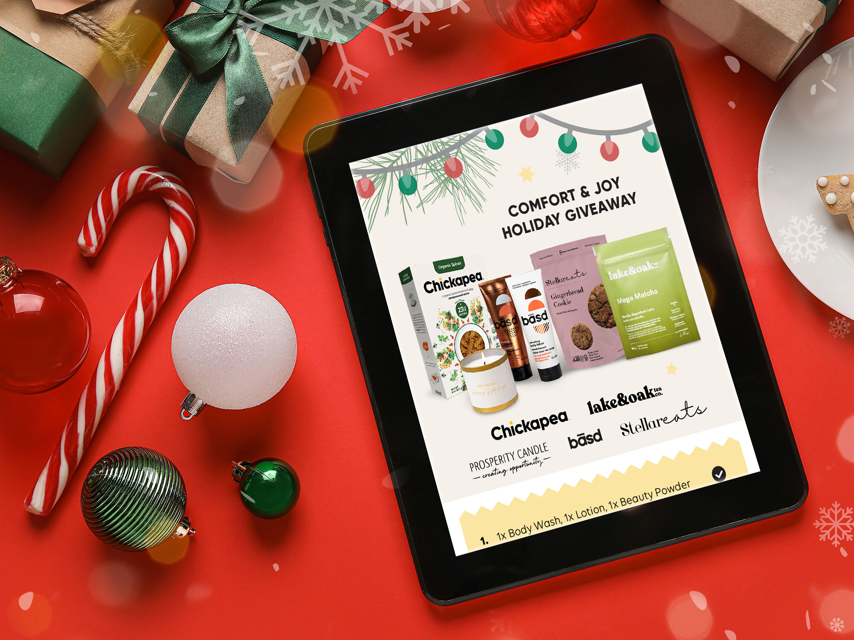 Promotional graphic design for CPG holiday giveaway campaign, digital marketing asset for seasonal brand partnerships and engagement