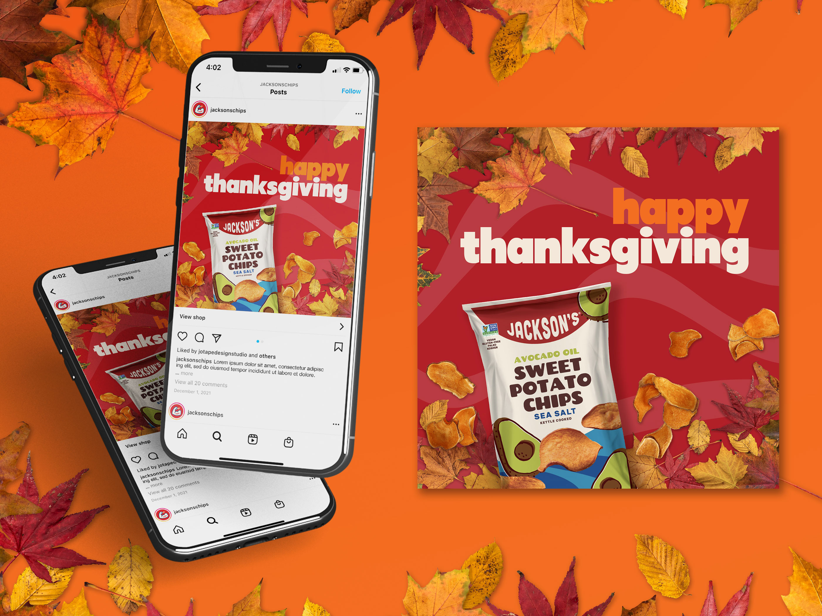 Social media design for CPG snack brand Gourmet Crisps, seasonal digital marketing asset optimized for Thanksgiving promotions and brand engagement