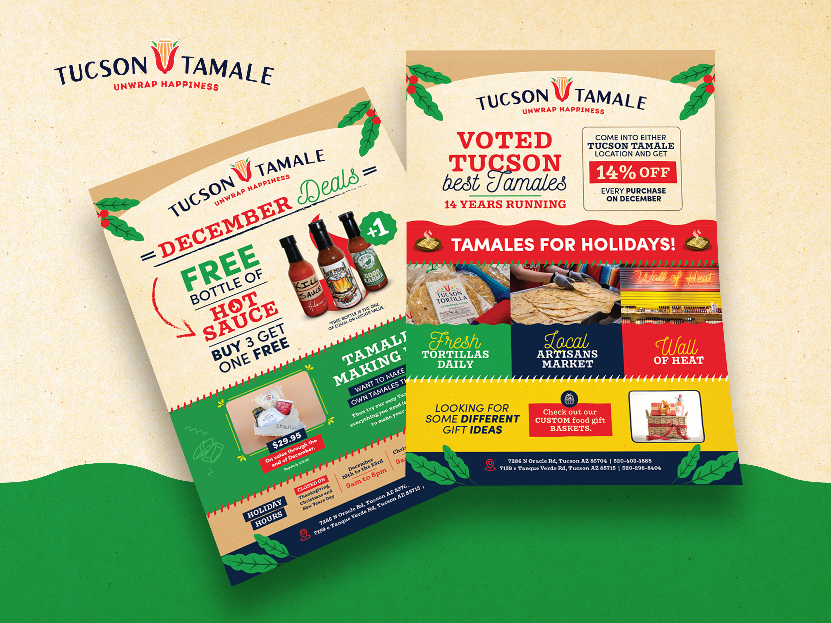 Flyer design and print marketing asset for CPG brand Tucson Tamale optimized for events trade shows and retail promotions featuring product photography and brand messaging