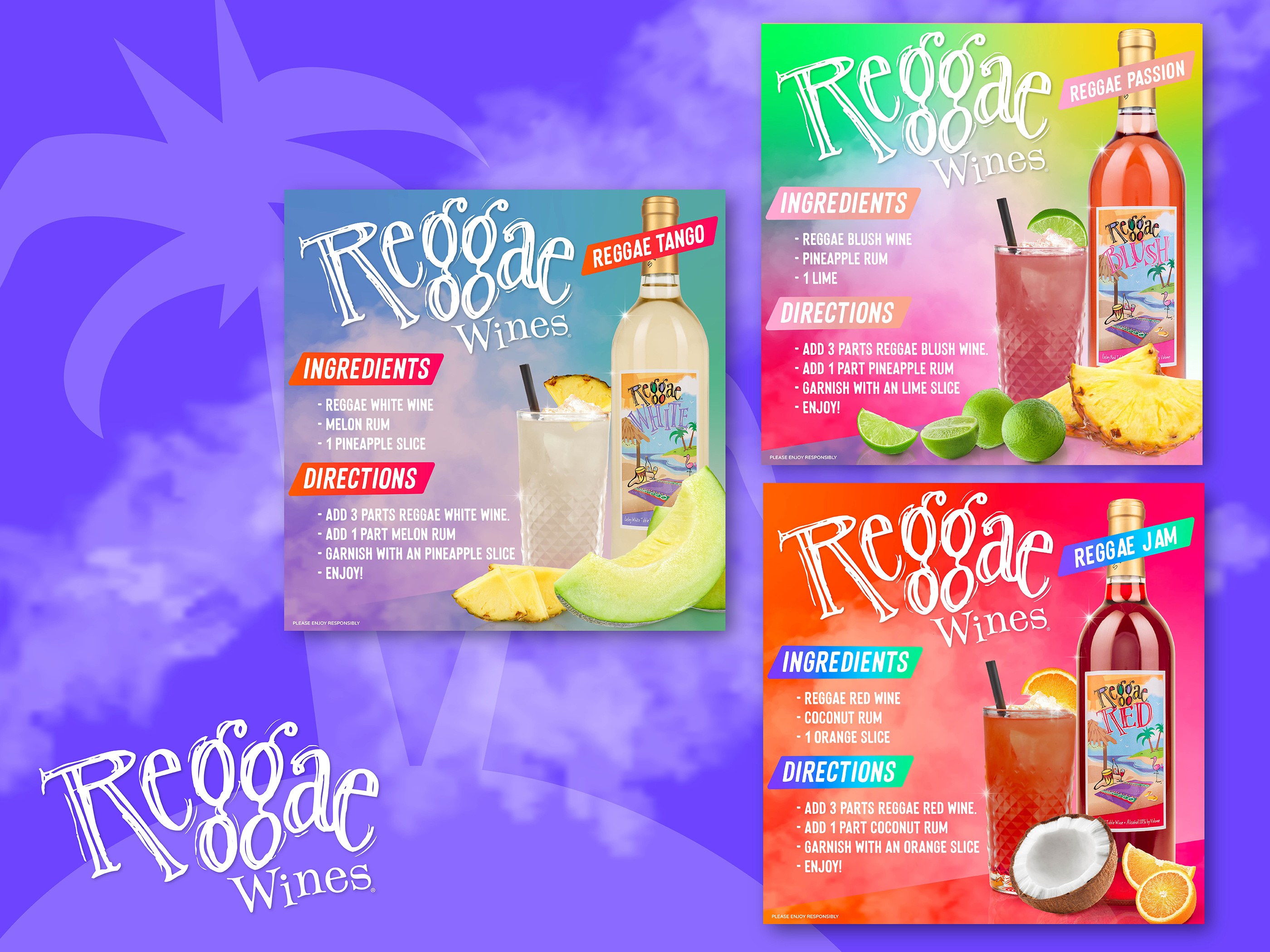 Social media design and digital marketing assets featuring cocktail recipe cards for beverage brand promotions and engagement campaigns