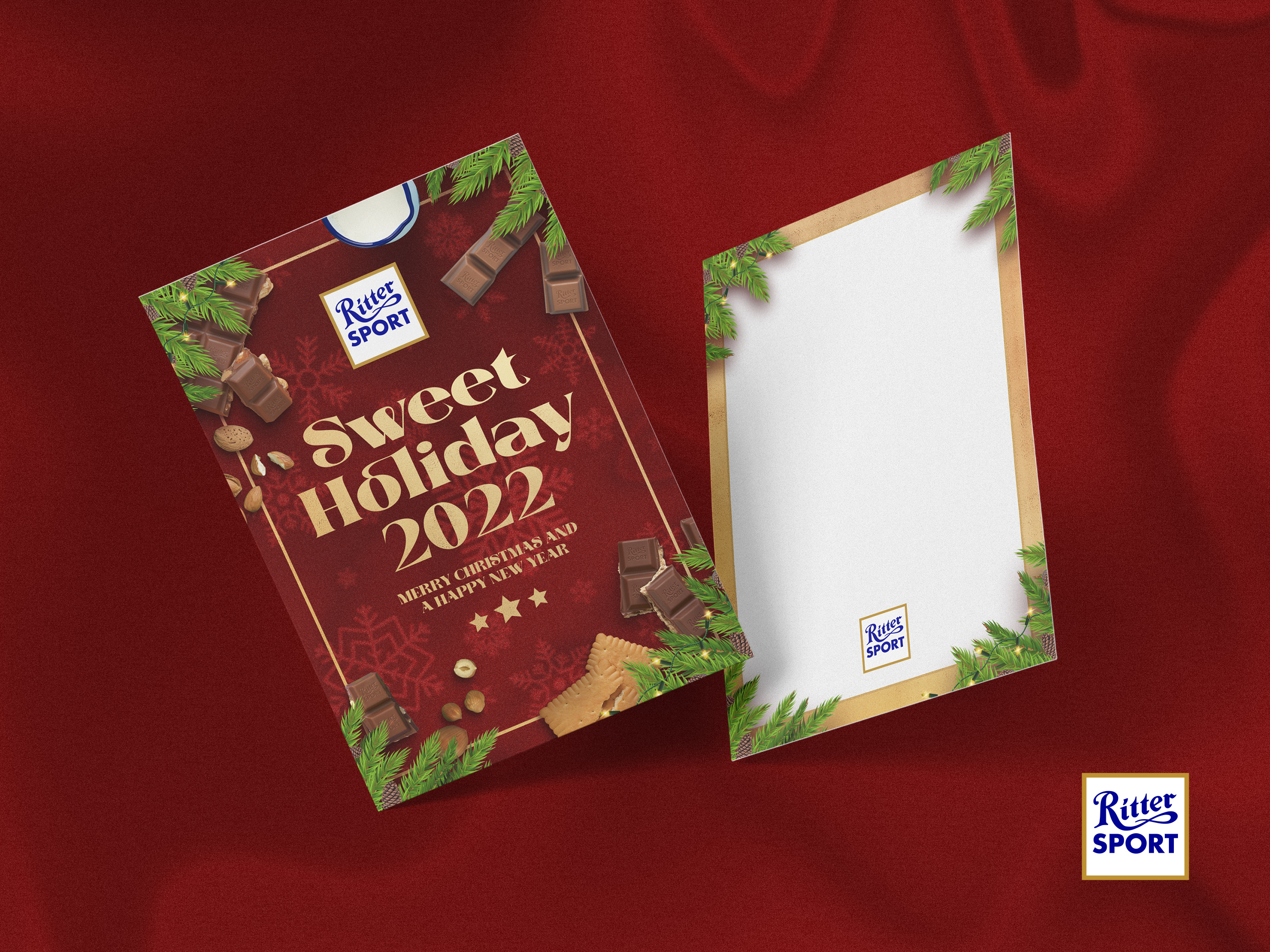 Corporate holiday card design for a CPG chocolate brand, festive illustration with cocoa pods and seasonal messaging, print marketing collateral optimized for trade shows and retail promotions