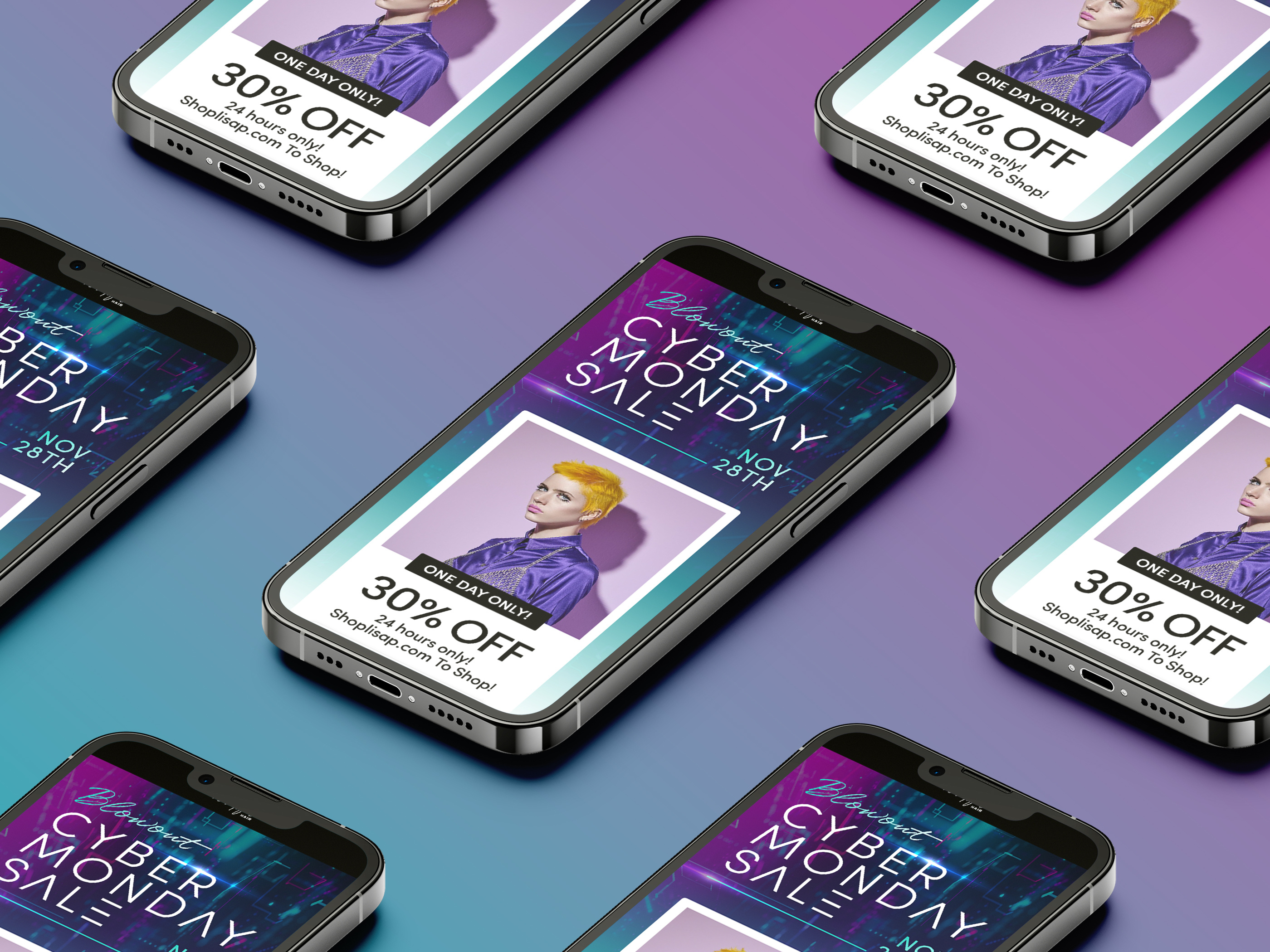 Email design for e-commerce beauty brand Cyber Monday sale, promotional newsletter layout optimized for conversions and product showcasing