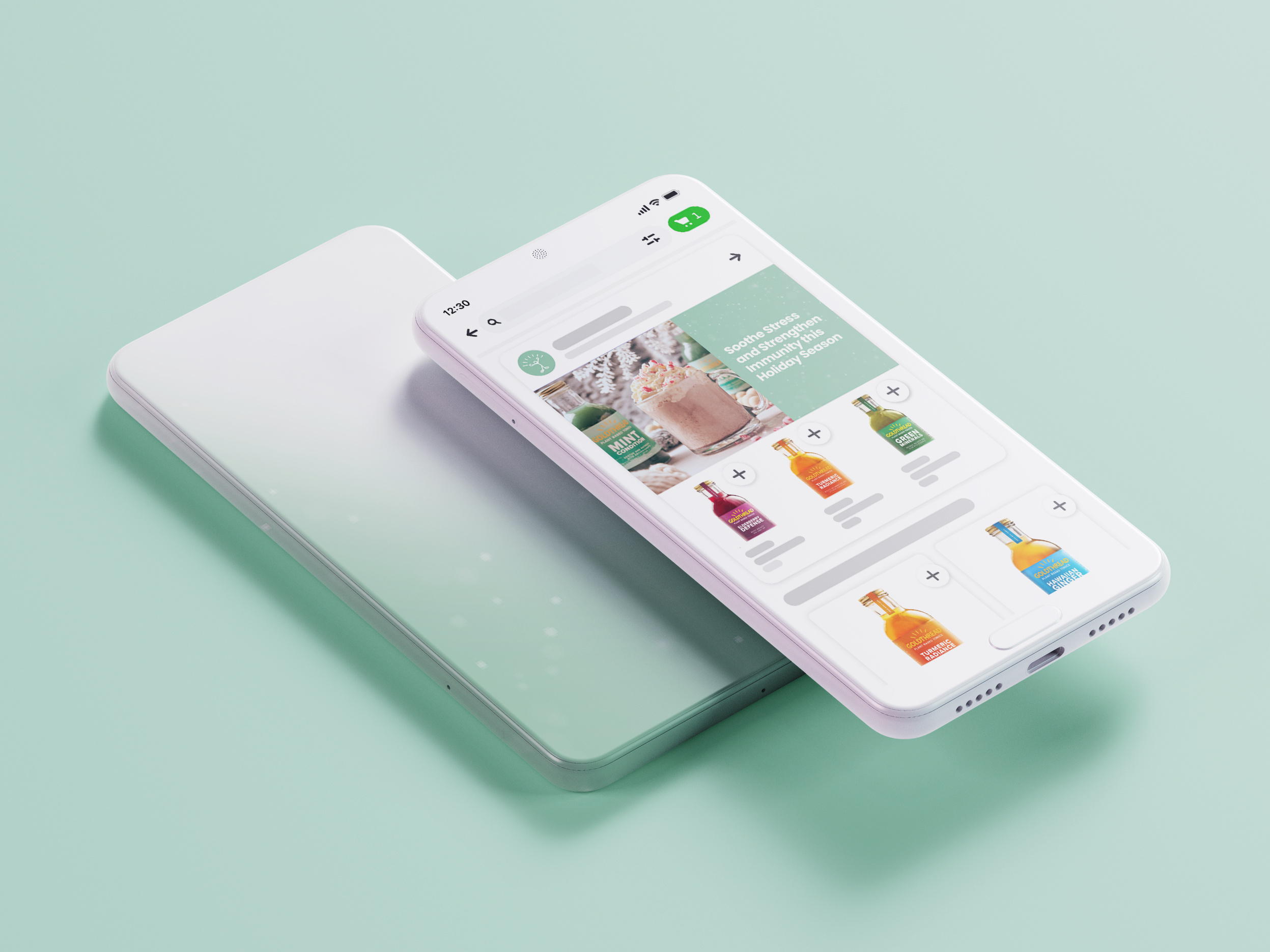 Digital trade marketing mockup of a mobile e-commerce interface displaying CPG snack products designed for trade shows and retail brand activations