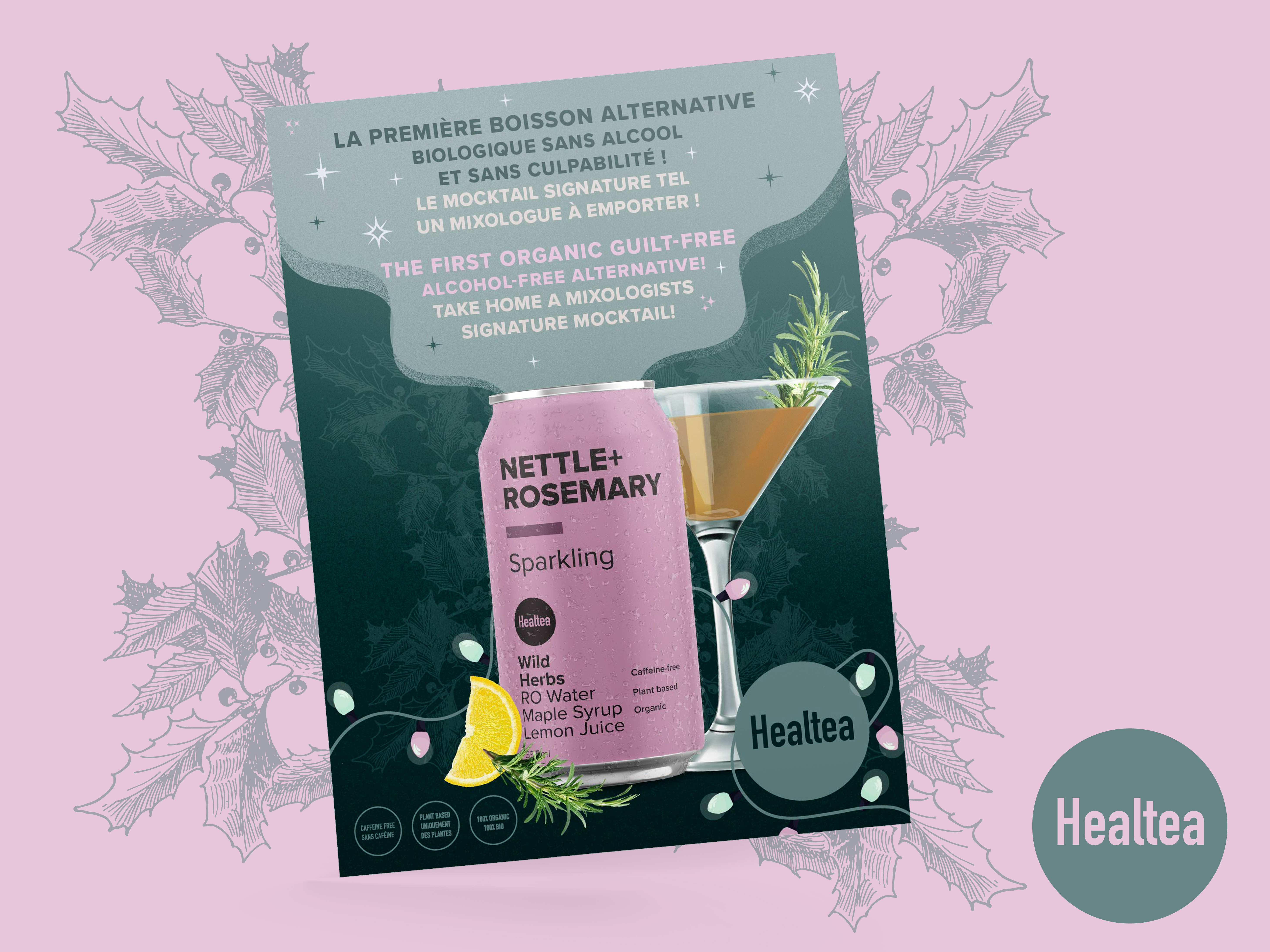 Event poster design and retail signage for Rambler sparkling teas holiday market, seasonal promotional graphic used for trade shows and in-store activations featuring festive product photography and clear event details
