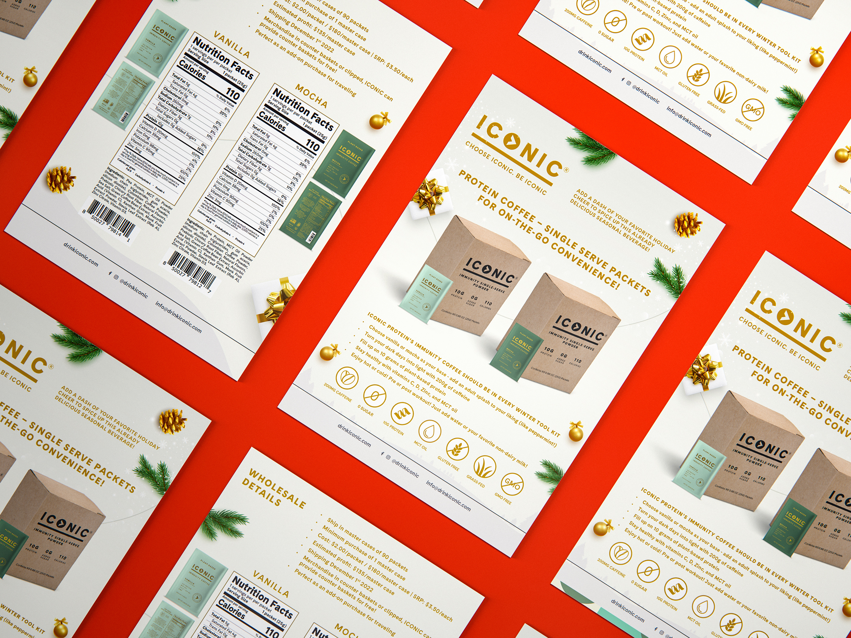 Sell sheet design and promotional flyer for CPG beverage brand, holiday themed trade marketing asset featuring festive product photography and discount offer for retail buyers and events