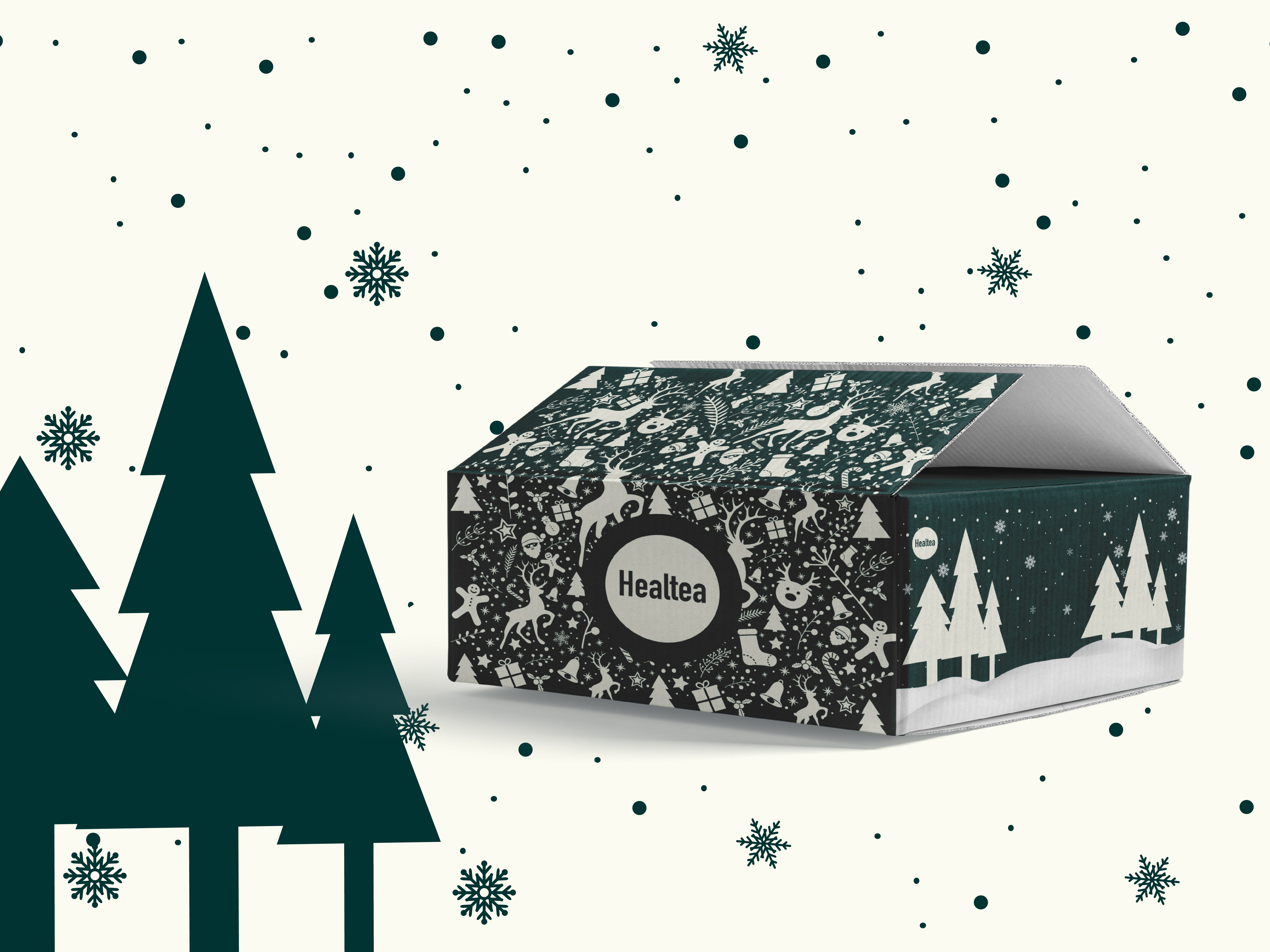 Promotional packaging design for luxury tea brand, rigid gift box layout with gold foil typography and botanical illustration optimized for trade marketing and retail gifting