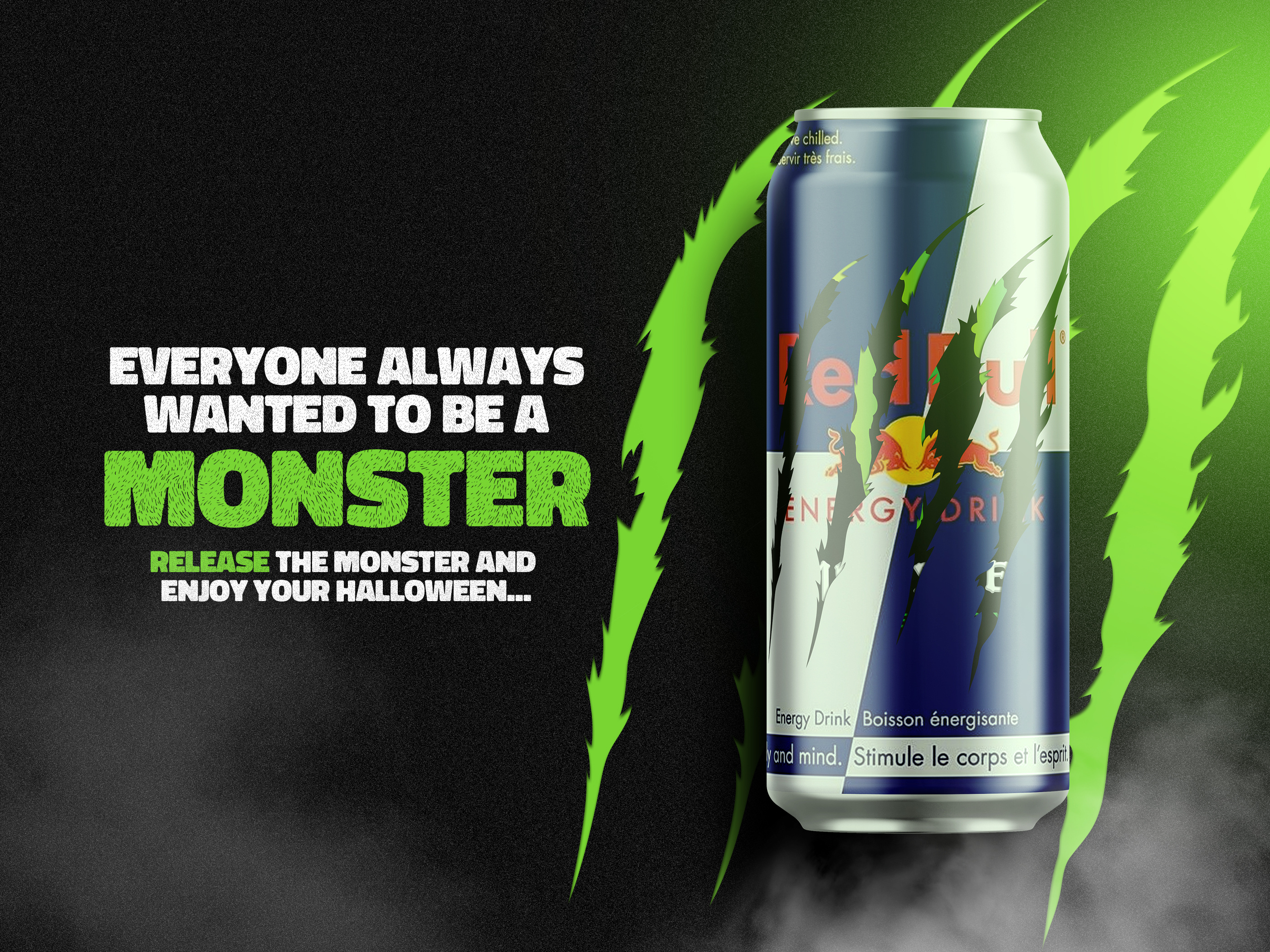 Event poster design for Red Bull and Monster Energy Halloween collaboration concept, trade marketing graphic for experiential events and retail promotions featuring illustrative seasonal artwork