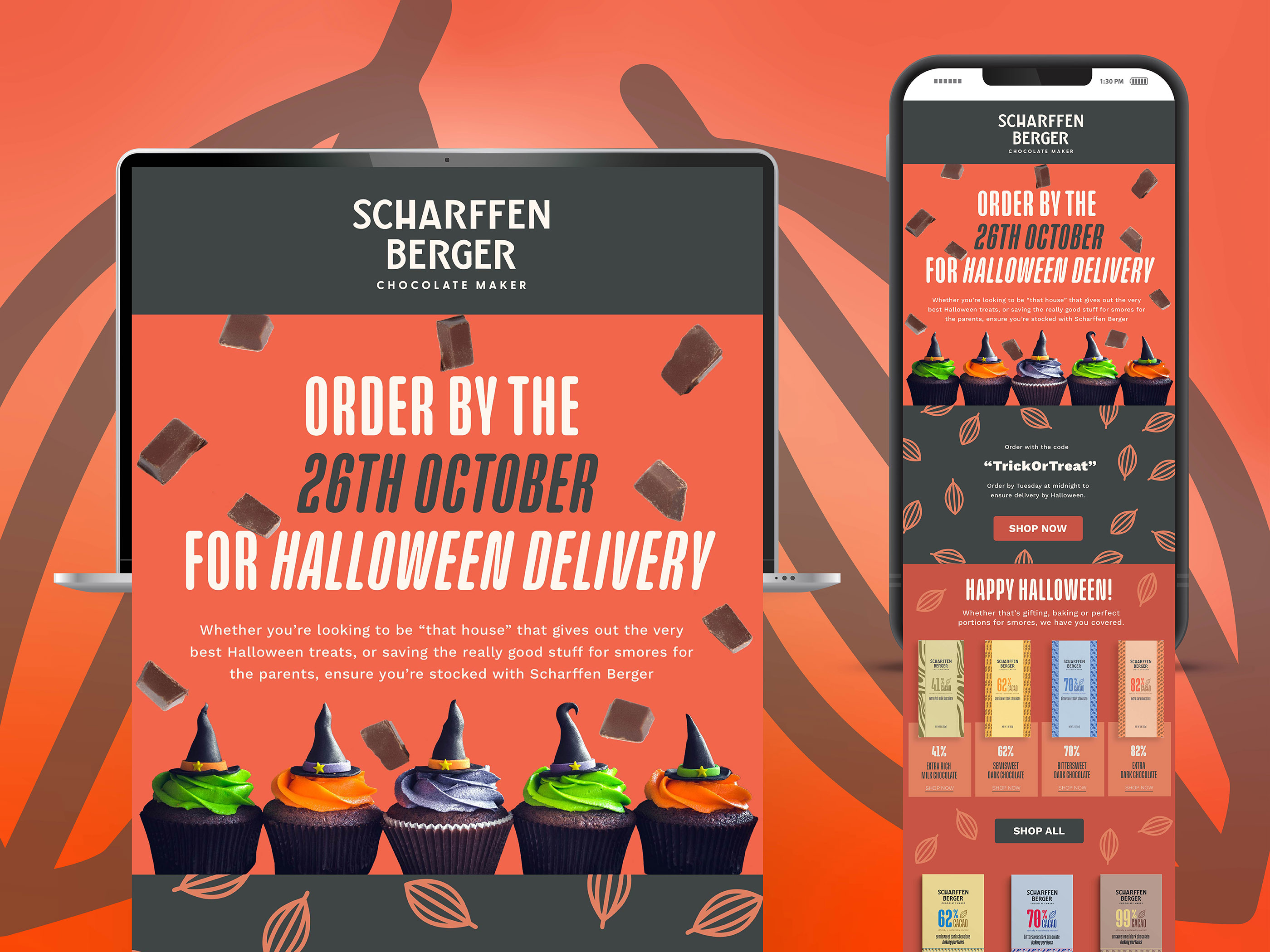 Email design for CPG snack brand Chocoworld, Halloween themed e-commerce newsletter layout optimized for seasonal promotions and product merchandising