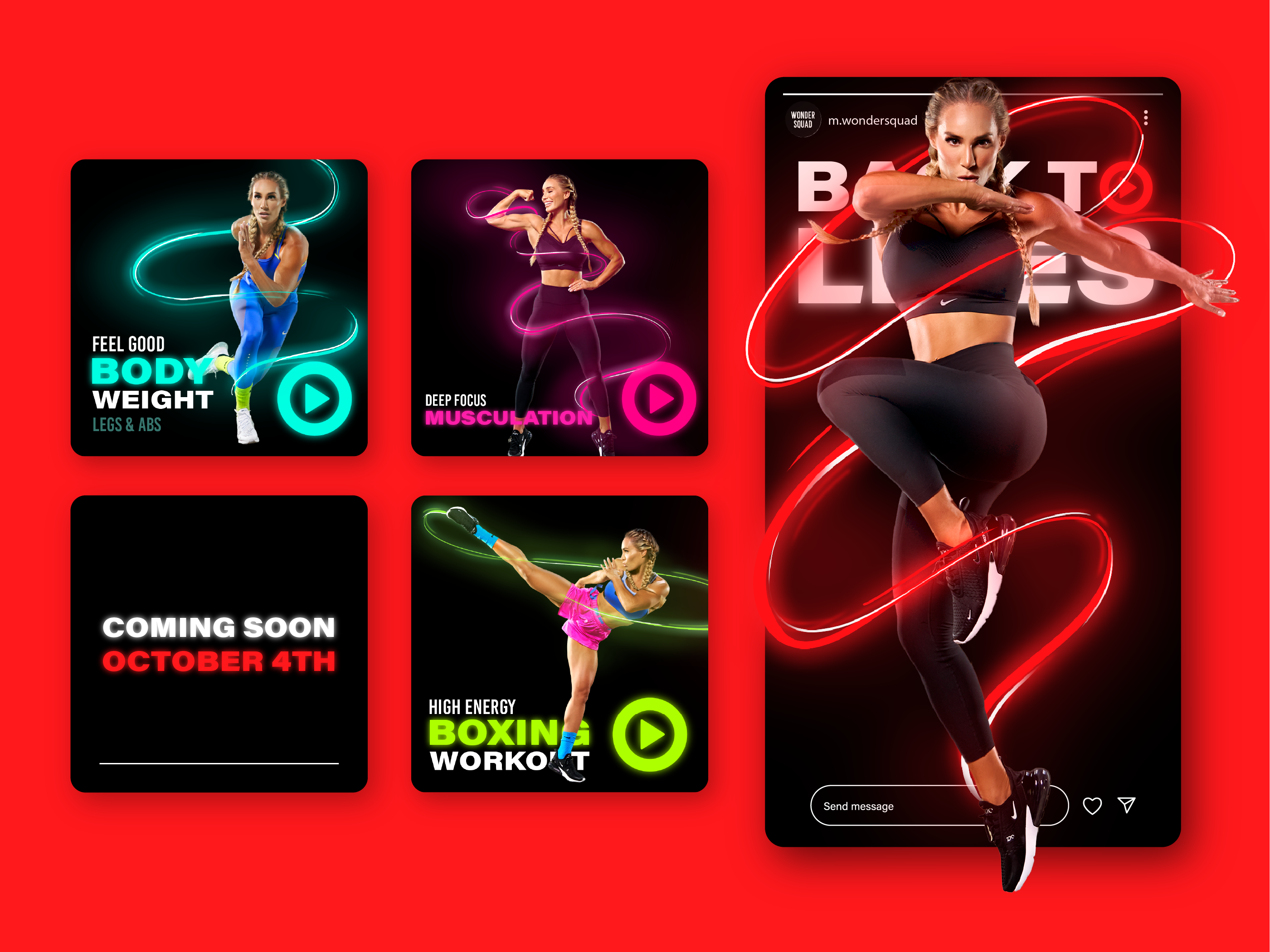 Social media design suite for CPG snack brand fitness promotion, digital marketing assets featuring high-energy workout imagery and motivational typography for campaign launches