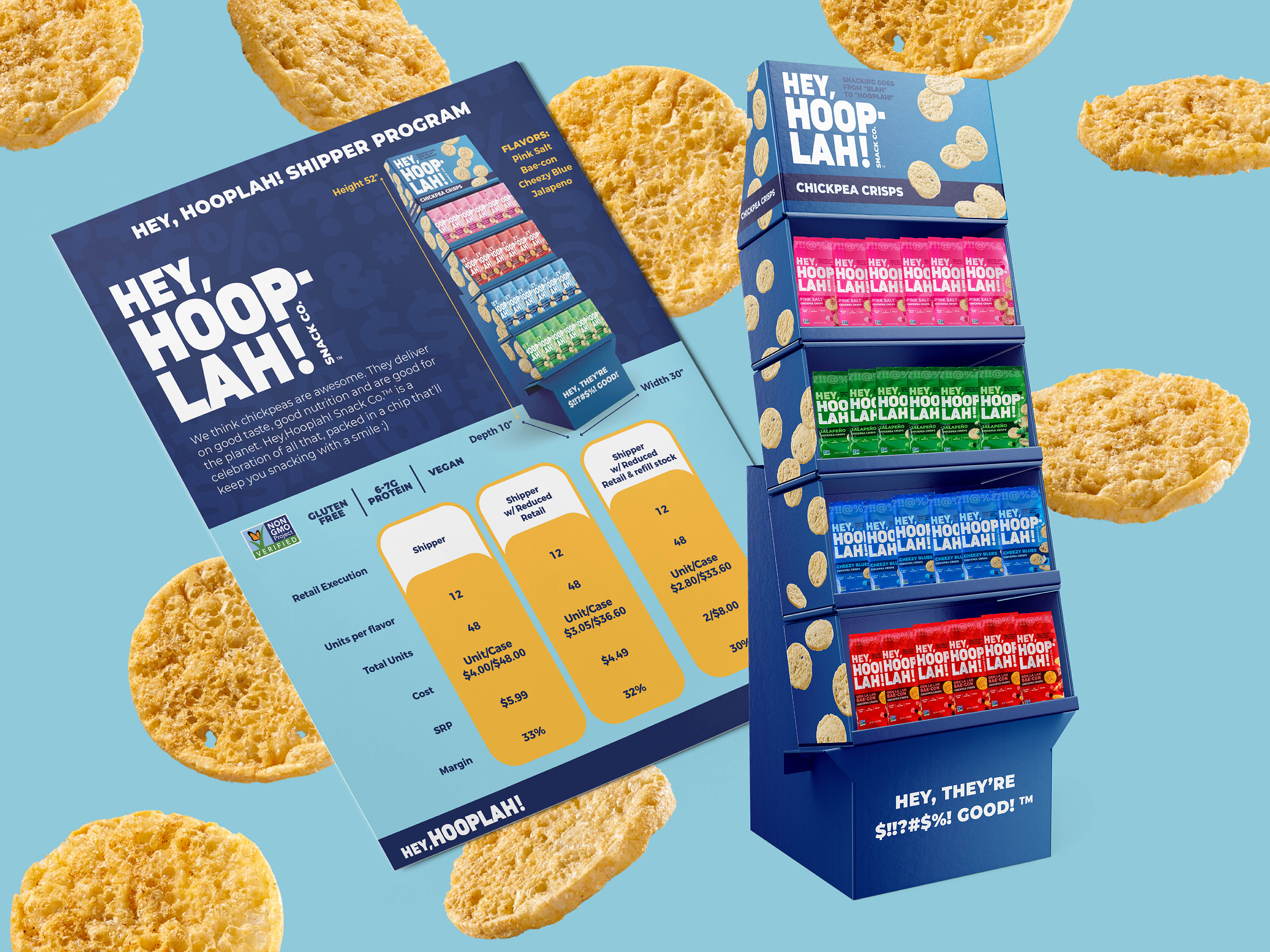 Sell sheet design for Chickpea Crips, trade marketing asset for CPG snack brand used in retail promotions and trade shows