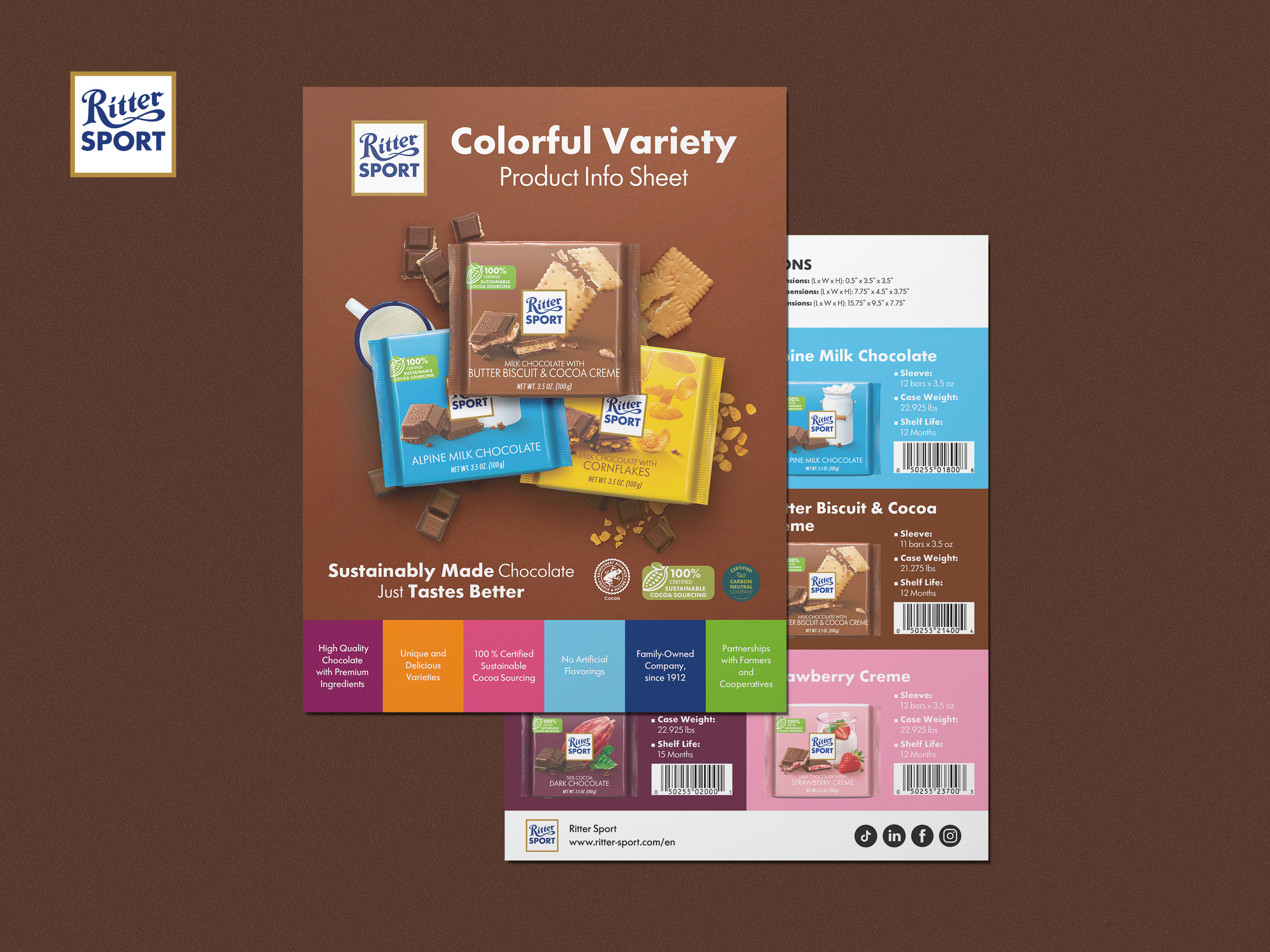 Product sell sheet design for gourmet chocolate brand, trade marketing asset used for retail promotions and events, features product photography and key benefits