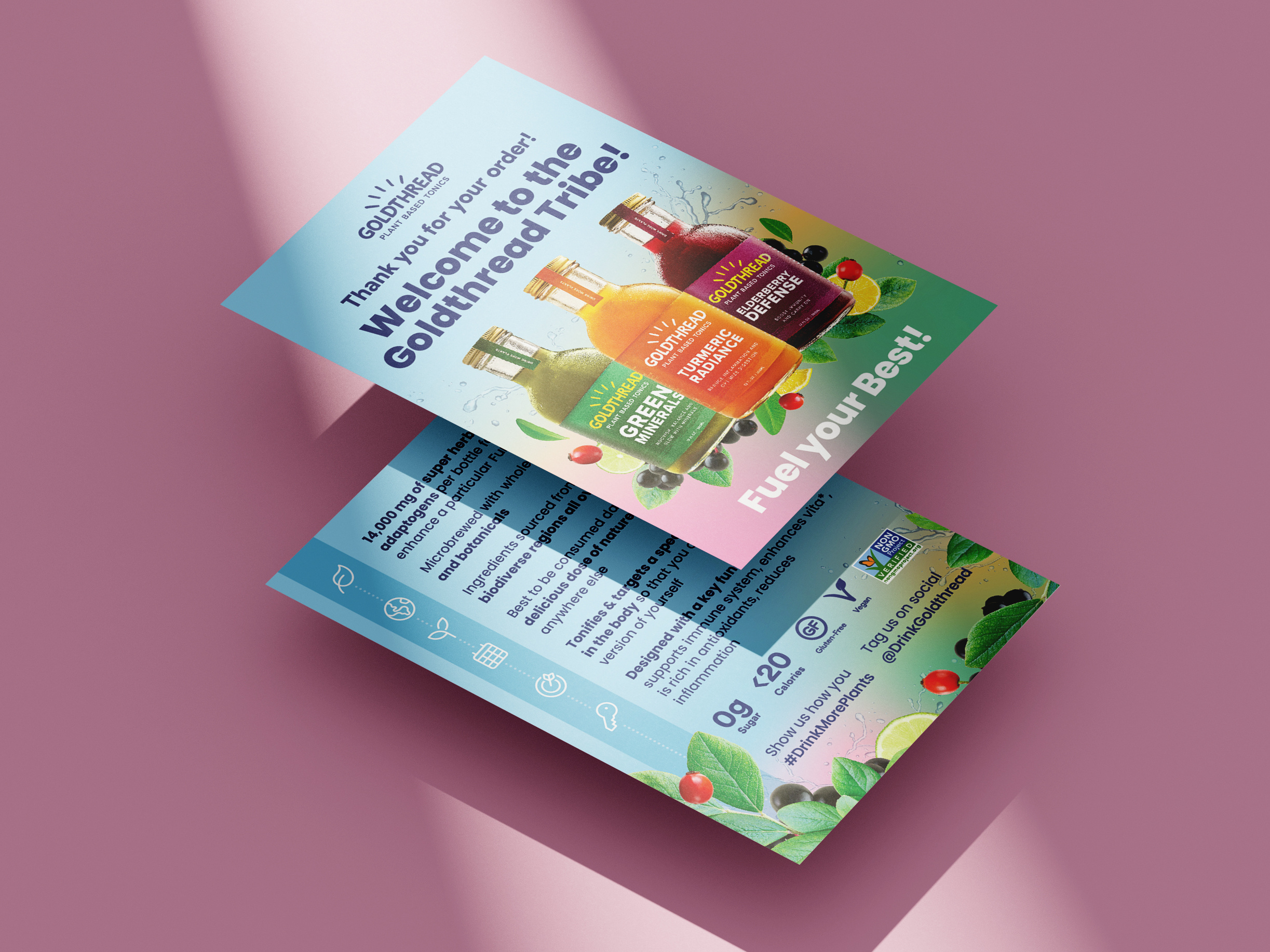 Printed promotional insert card design for CPG beverage brand, double-sided layout used in e-commerce unboxing and retail events for customer retention and future sales