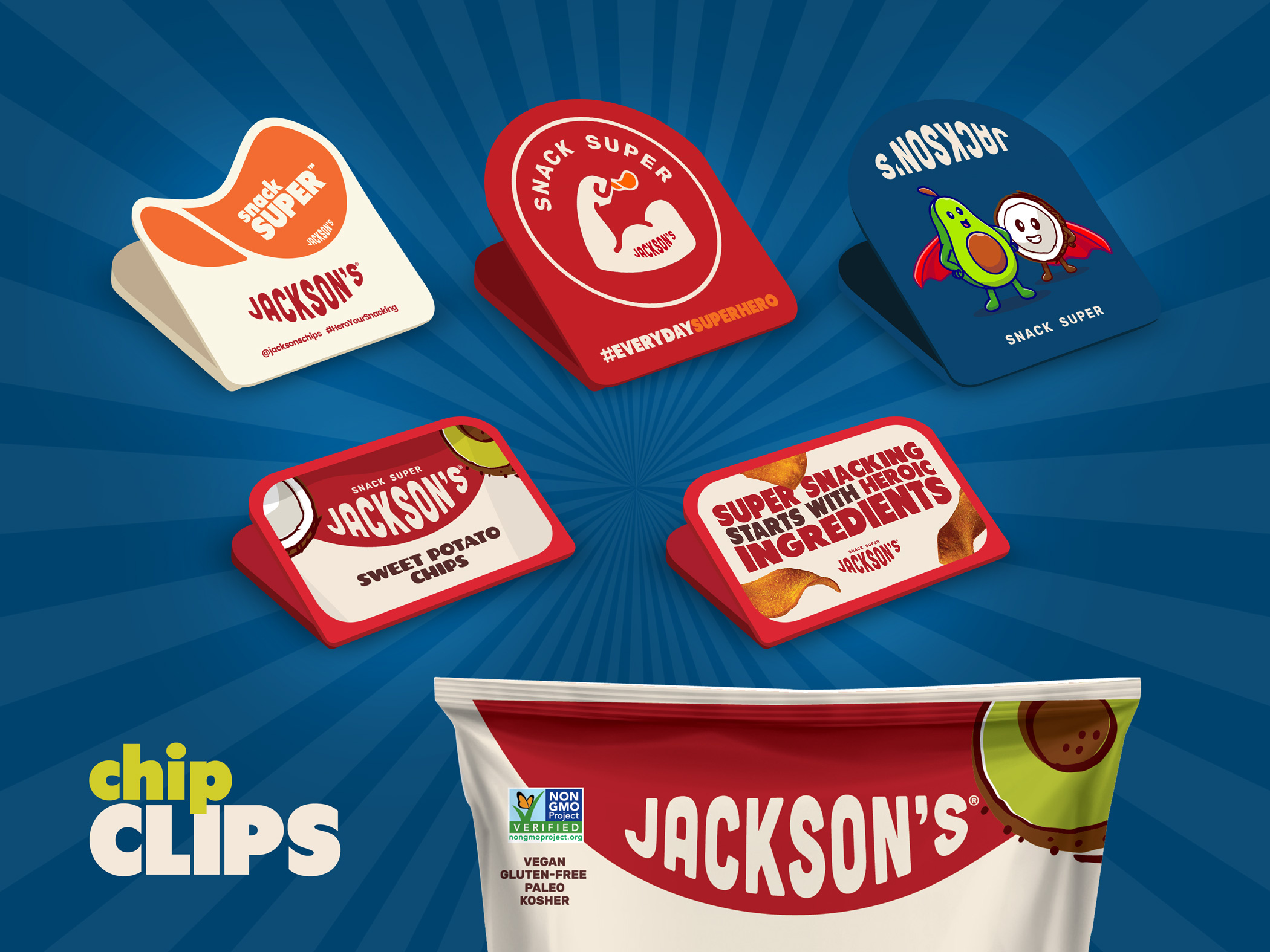 Promotional merchandise design for branded chip clips, trade marketing asset for CPG snack brands used at events and retail promotions