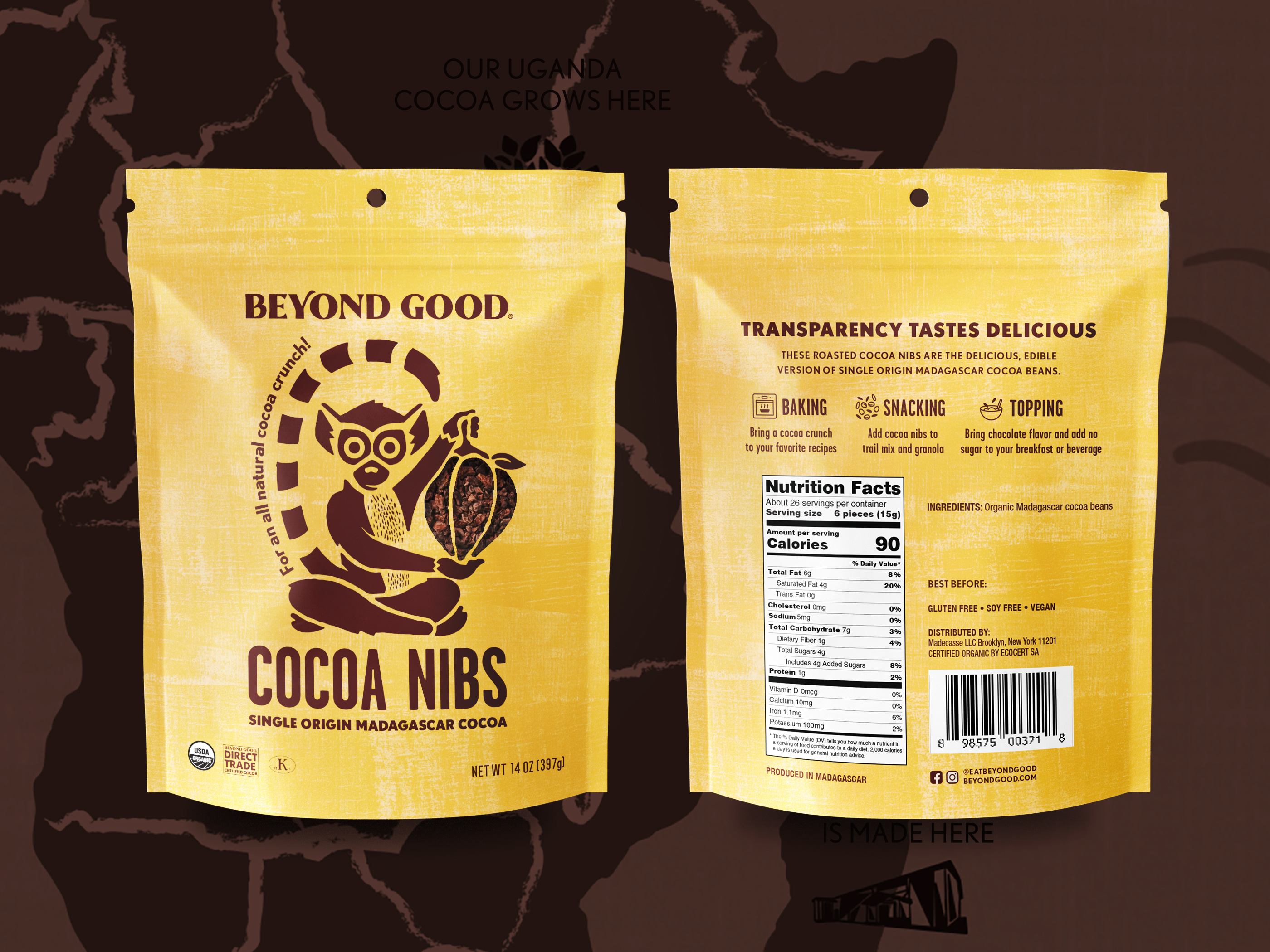 Packaging design for TCHO Cocoa Nibs CPG snack pouches optimized for retail shelves and trade show displays featuring distinct flavor color coding and botanical illustrations