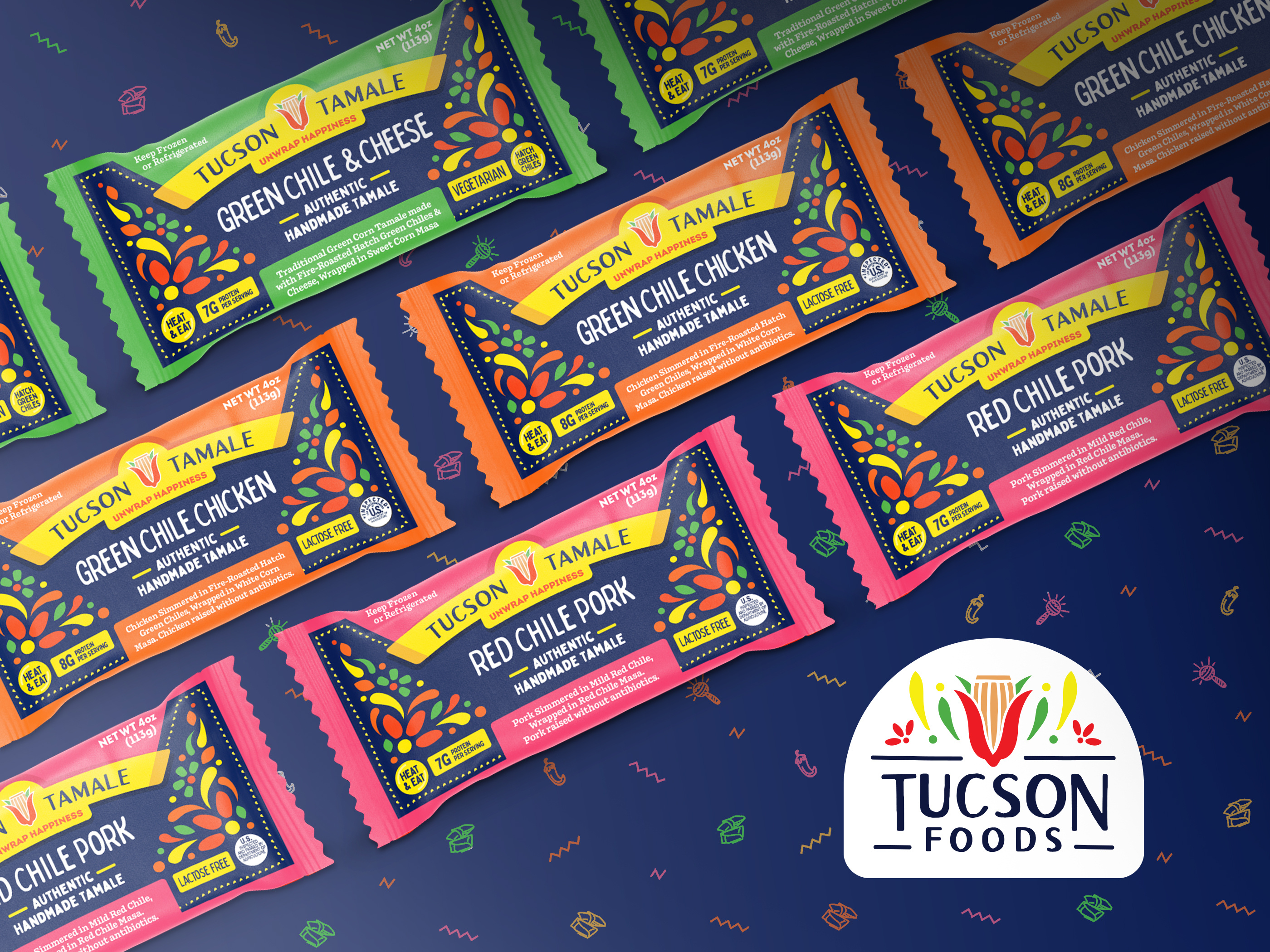 Product packaging design photography for tamale CPG brand featuring assorted flavors and fresh ingredients for retail and trade marketing
