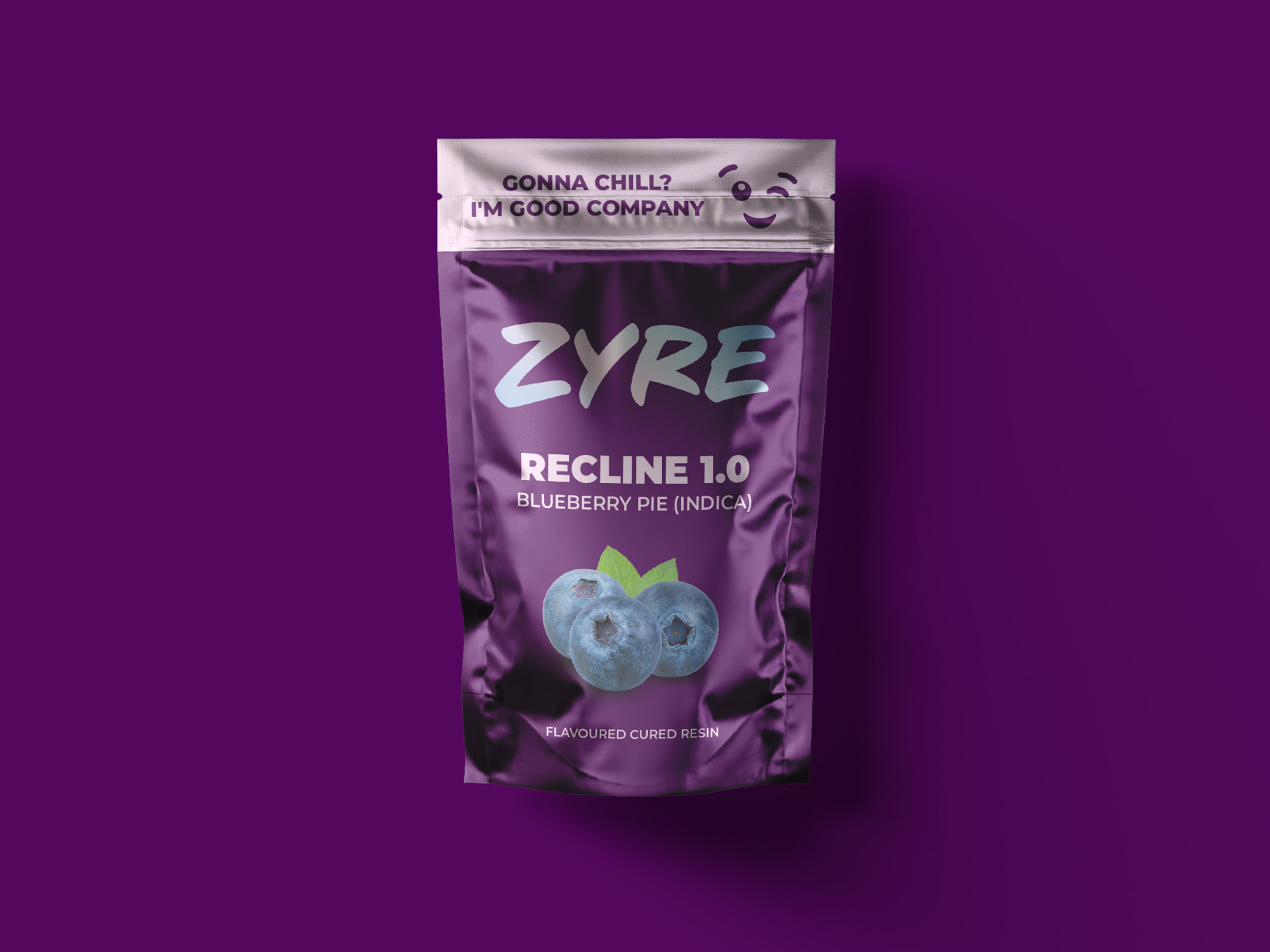 Packaging design for cannabis blueberry edibles stand up pouch with vibrant illustrations and clear window for retail and trade marketing
