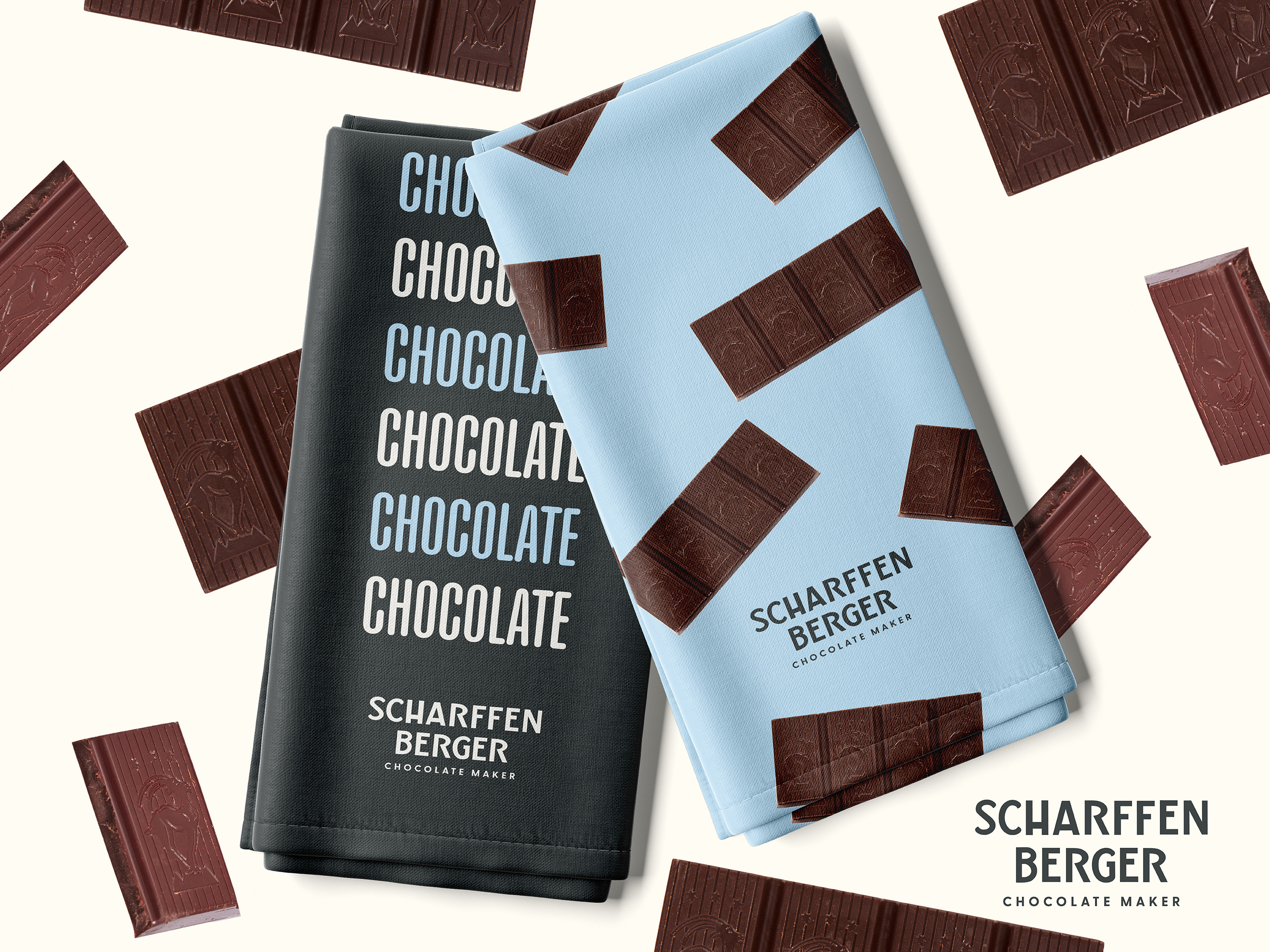 Custom printed textile design for CPG chocolate brand, branded merchandise with repeating chocolate bar pattern for trade show giveaways and retail promotions