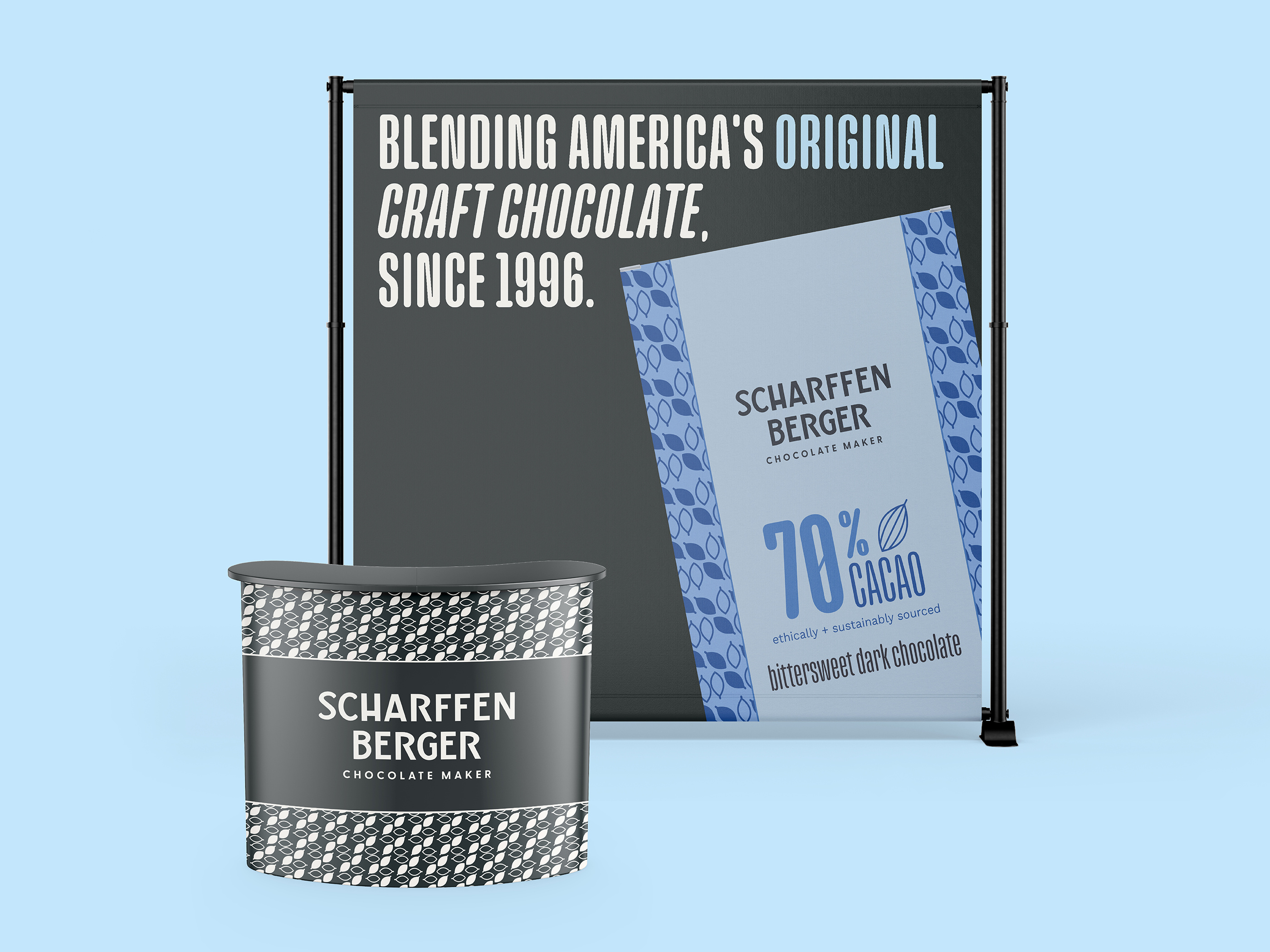Trade show booth design for Chocology chocolate brand, event marketing display and experiential activation asset optimized for brand storytelling and product sampling in busy retail or exhibition environments