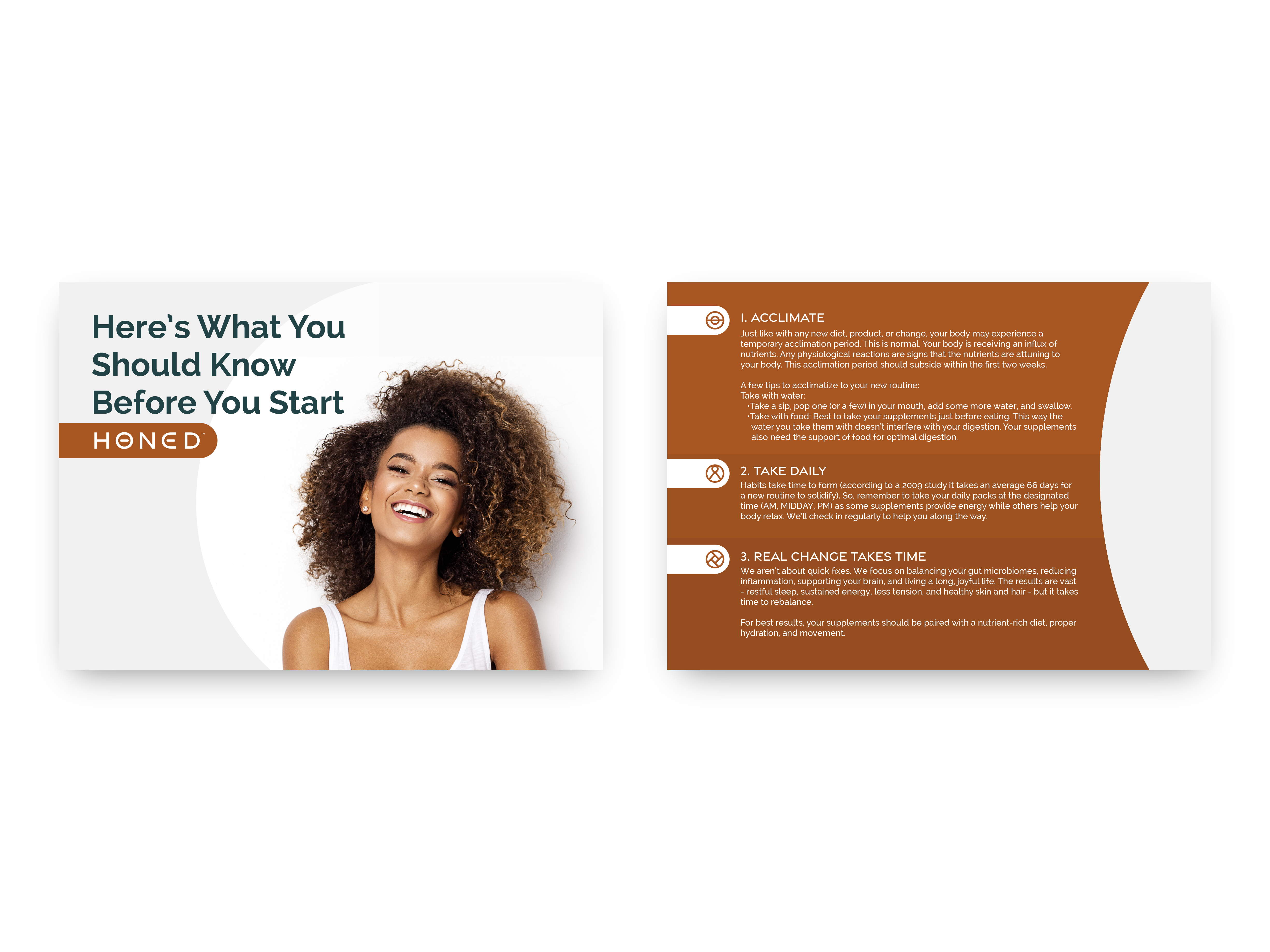 Package insert design for CPG brand Olyra, two-sided print collateral for direct-to-consumer marketing and retail promotions featuring brand storytelling and a QR code discount offer