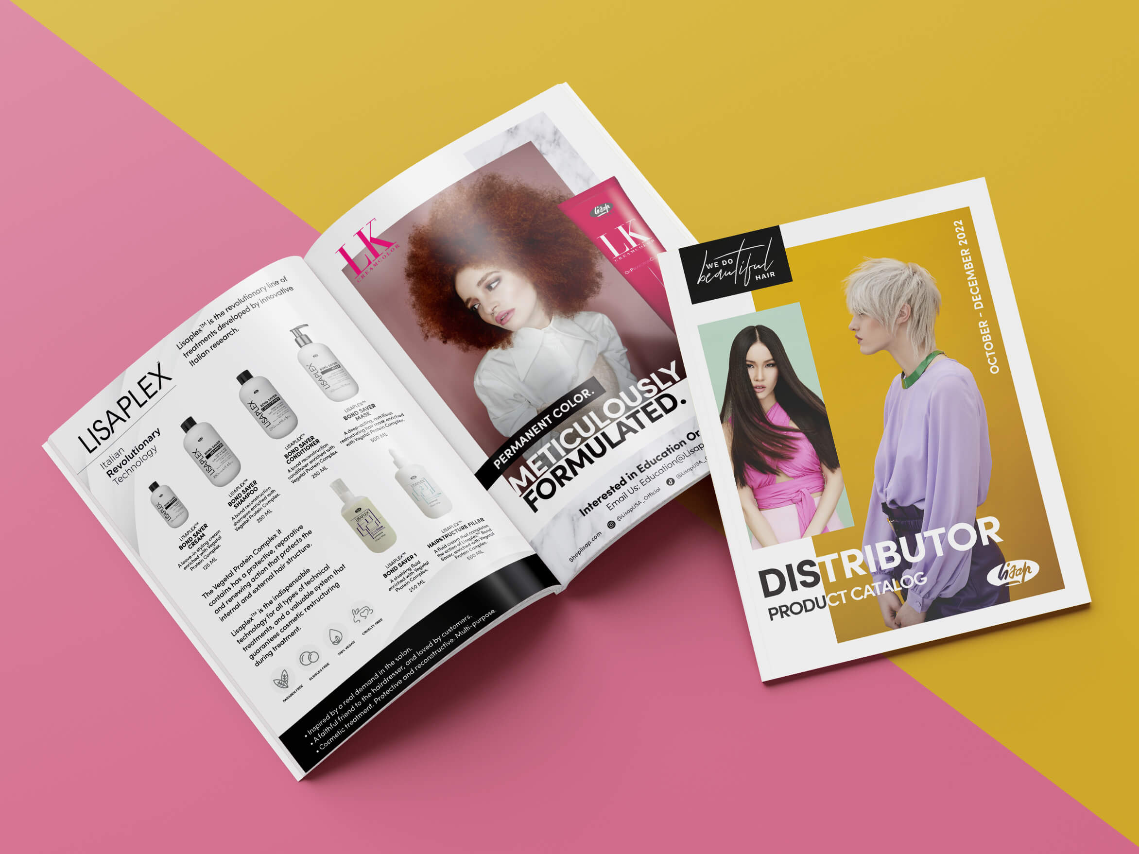 Printed product catalog design for hair care brand trade marketing booklet for events and retail promotions showing natural ingredients and product lines